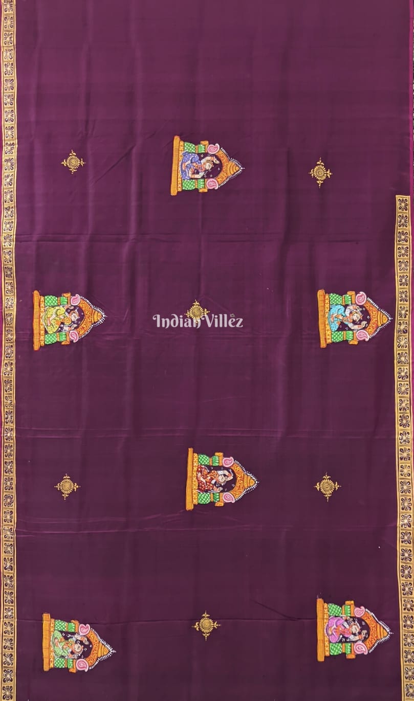 Wine Color Elephant Nartaki Pattachitra Pure Silk Saree