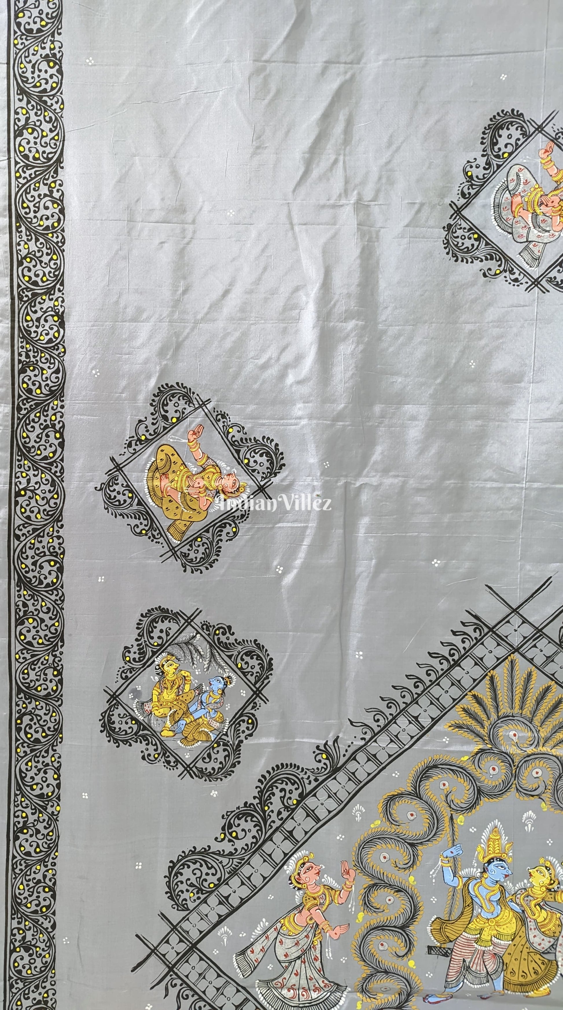 Gray Radha Krishna Pattachitra Silk Saree