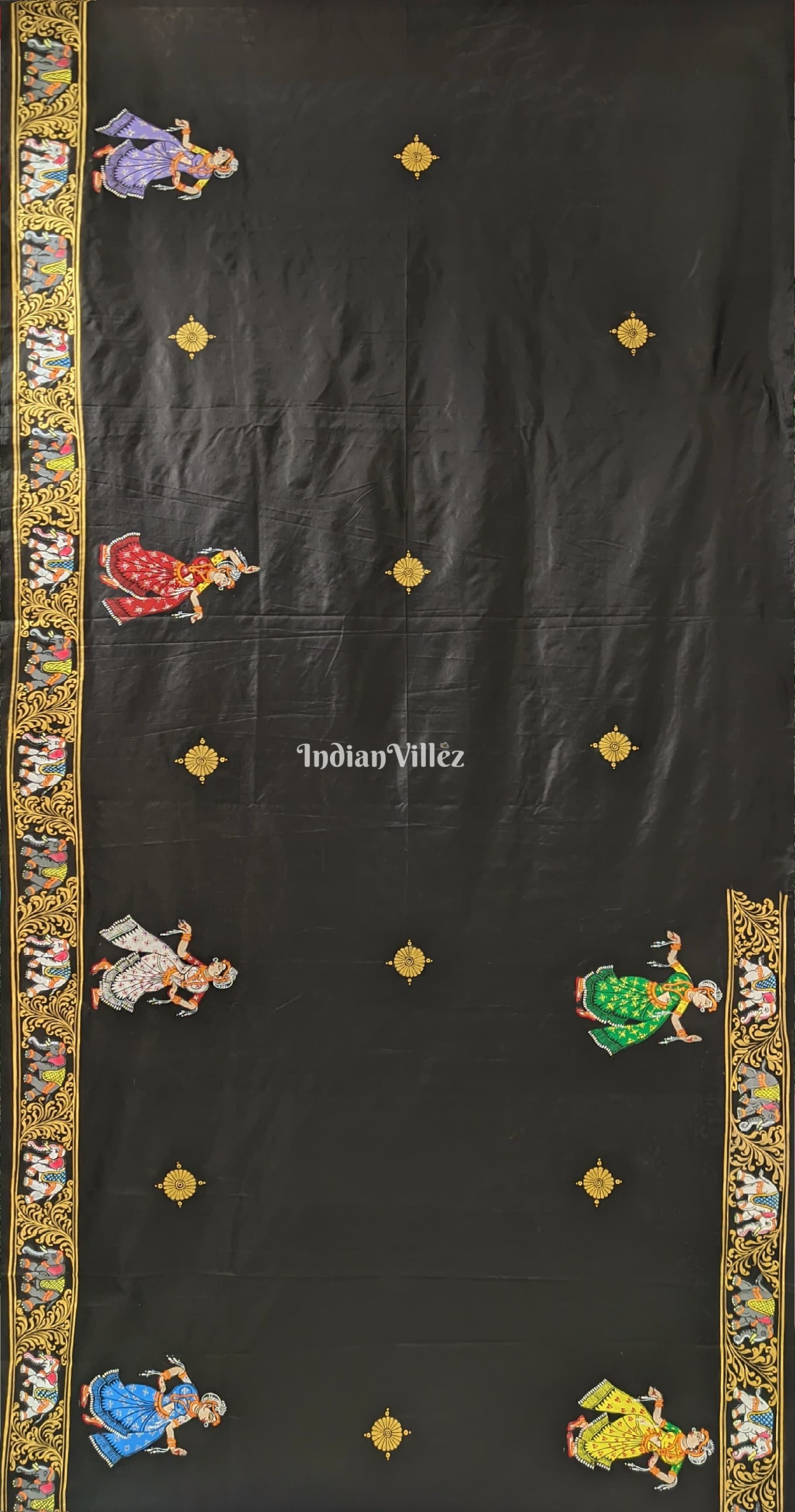 Black Kandarpa Hati (Elephant) Pattachitra Silk Saree