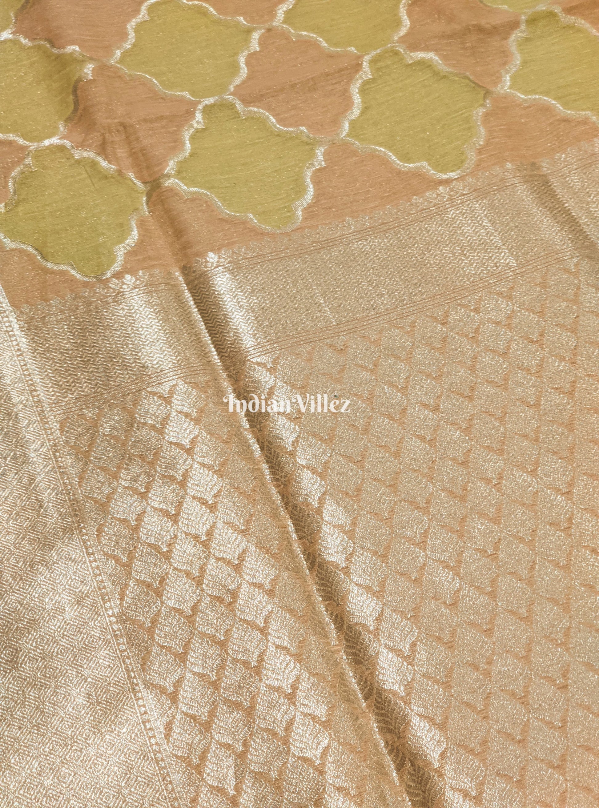 Lemon Peach Zari Woven Banarasi Tissue Saree