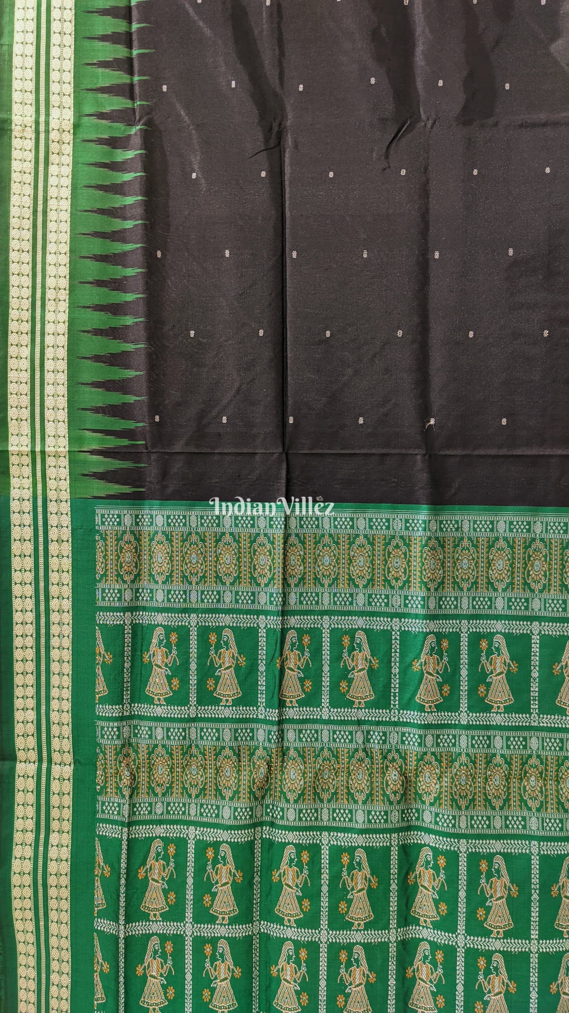 Black Green Doll Theme Sambalpuri Bomkai Silk Saree