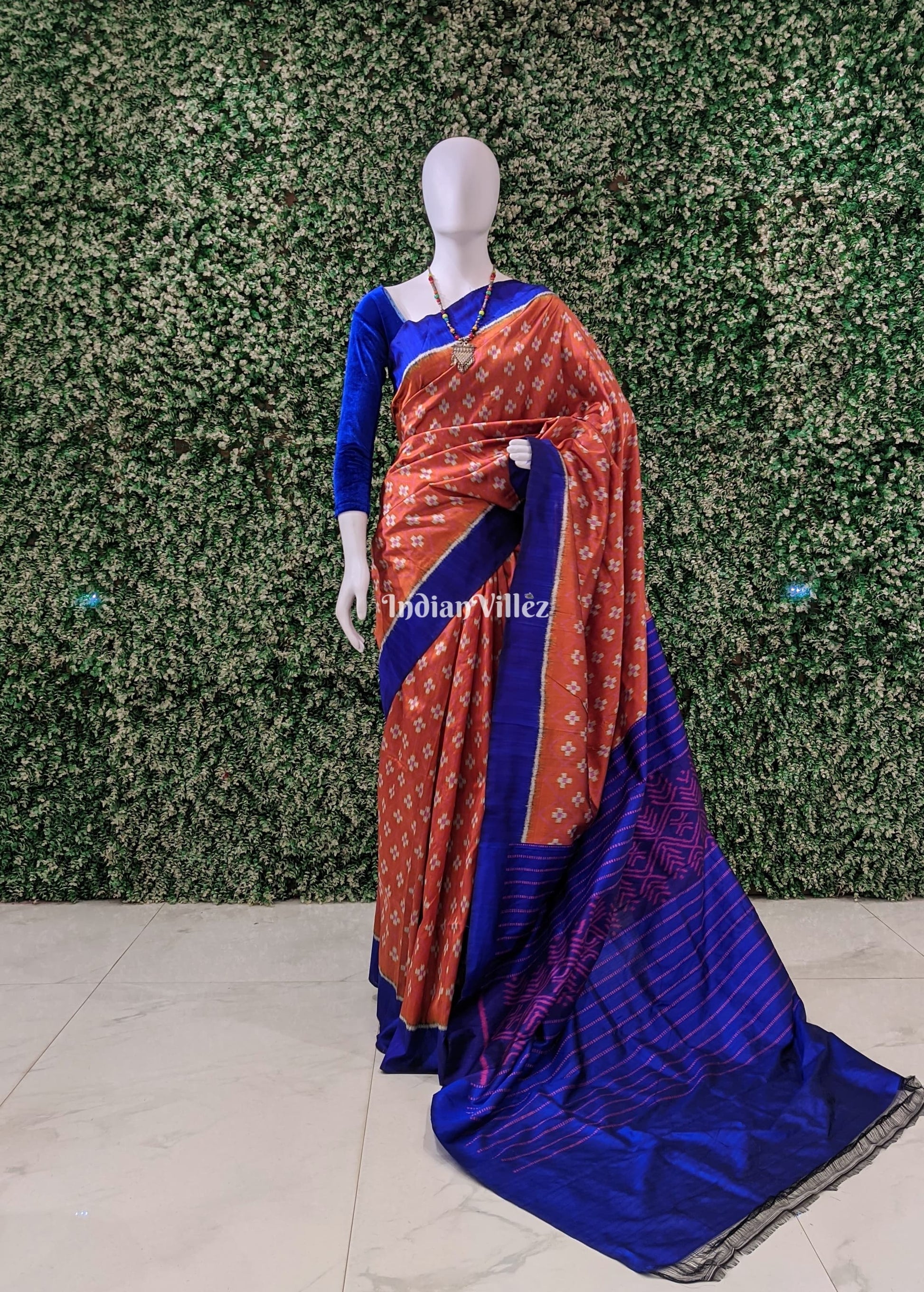 Orange Blue Odisha Ikat Designer Contemporary Silk Saree