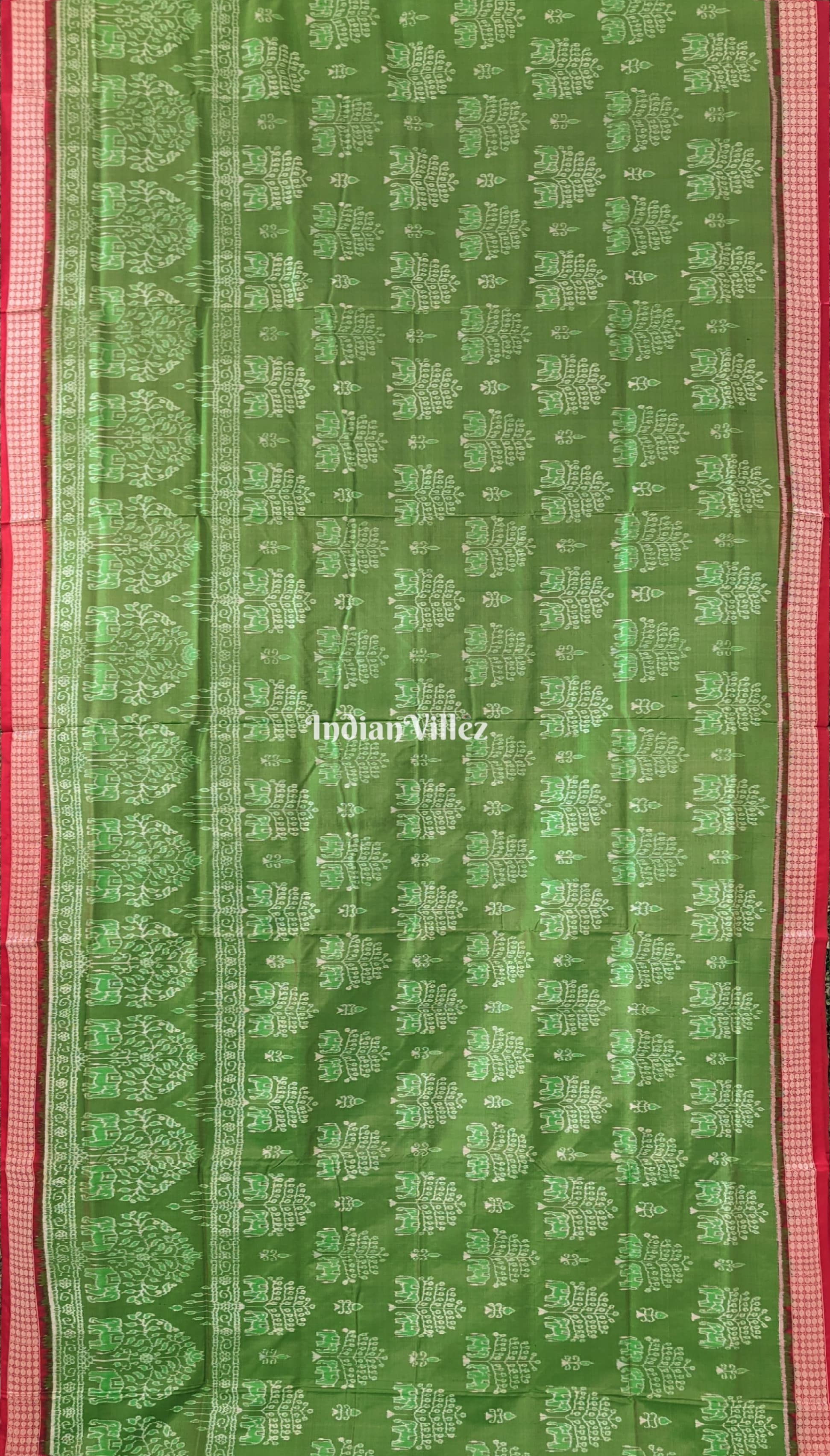 Parrot Green Red Dual Tone Elephant Pure Sambalpuri Bomkai Silk Saree