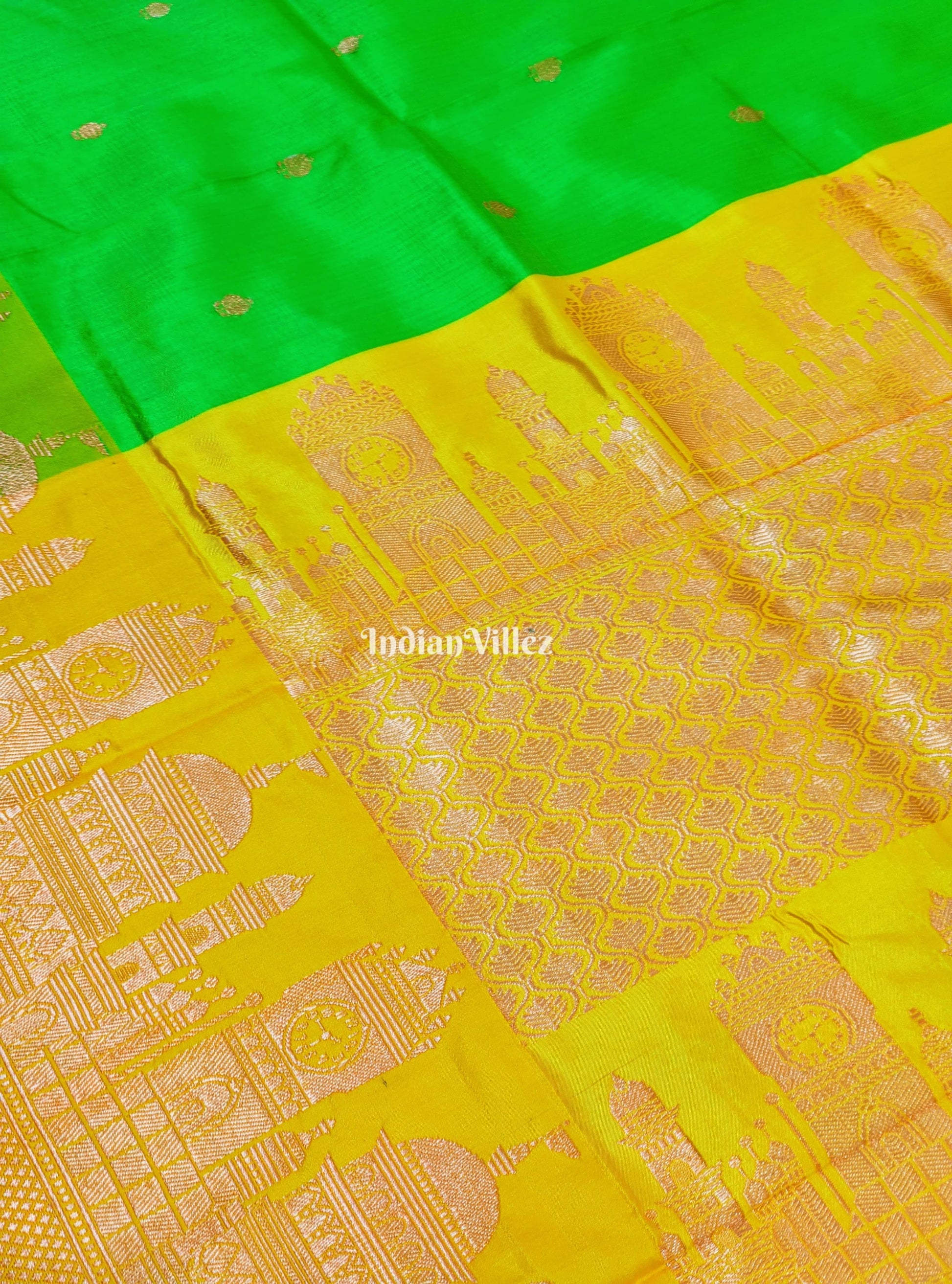 Green Banarasi Katan Silk Saree Inspired by Big Ben, London & United States Capitol, Washington DC