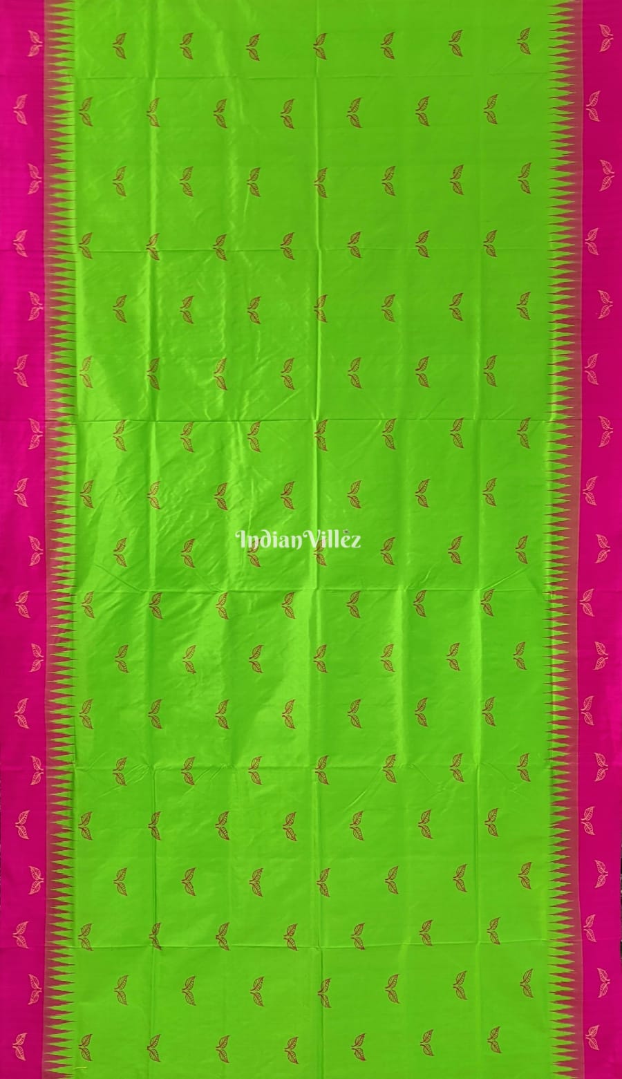 Parrot Green Rani Pink Leaf Motif Bomkai Sambalpuri Silk Saree