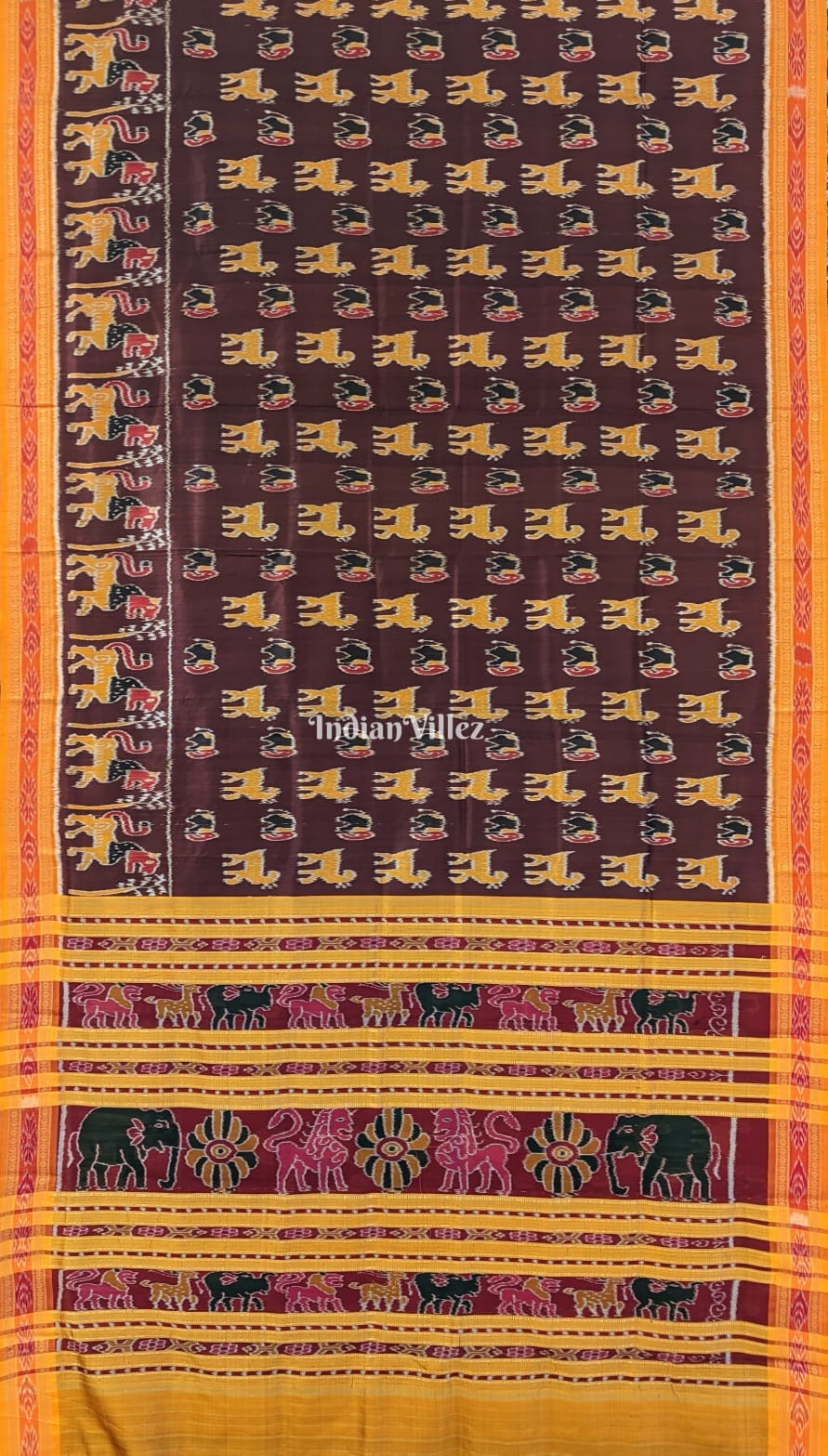 Coffee Yellow Animal Theme Odisha Ikat Khandua Silk Saree