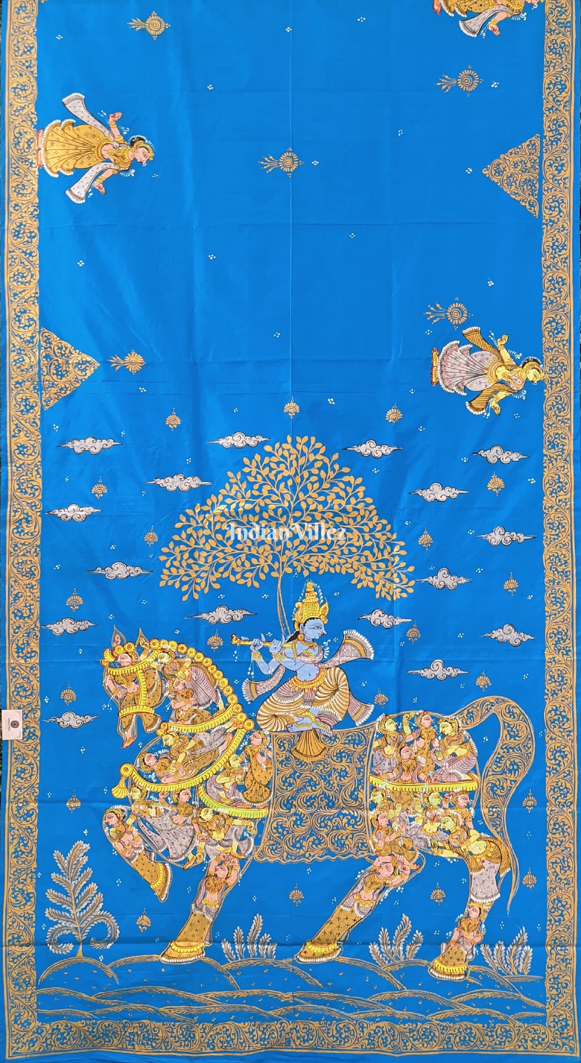 Copper Sulphate Kandarpa Ashwa (Horse) Pattachitra Silk Saree