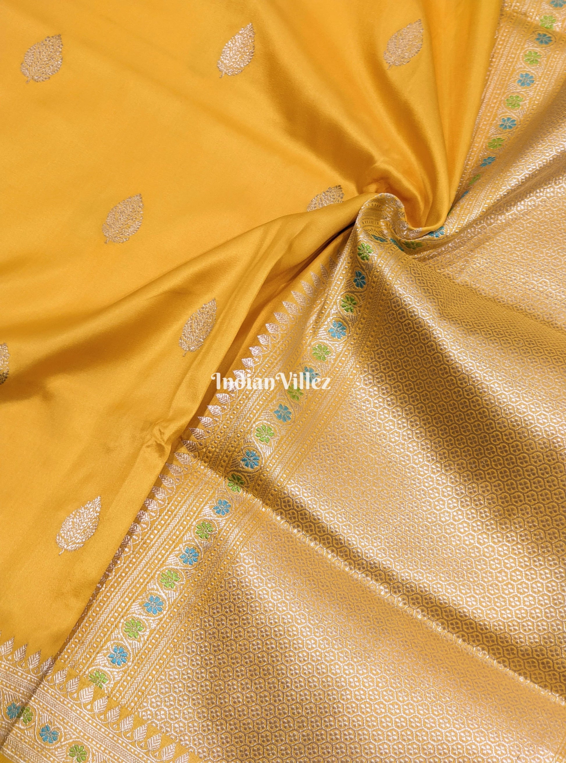 Yellow Leaf Motif Designer Katan Silk Banarasi Saree