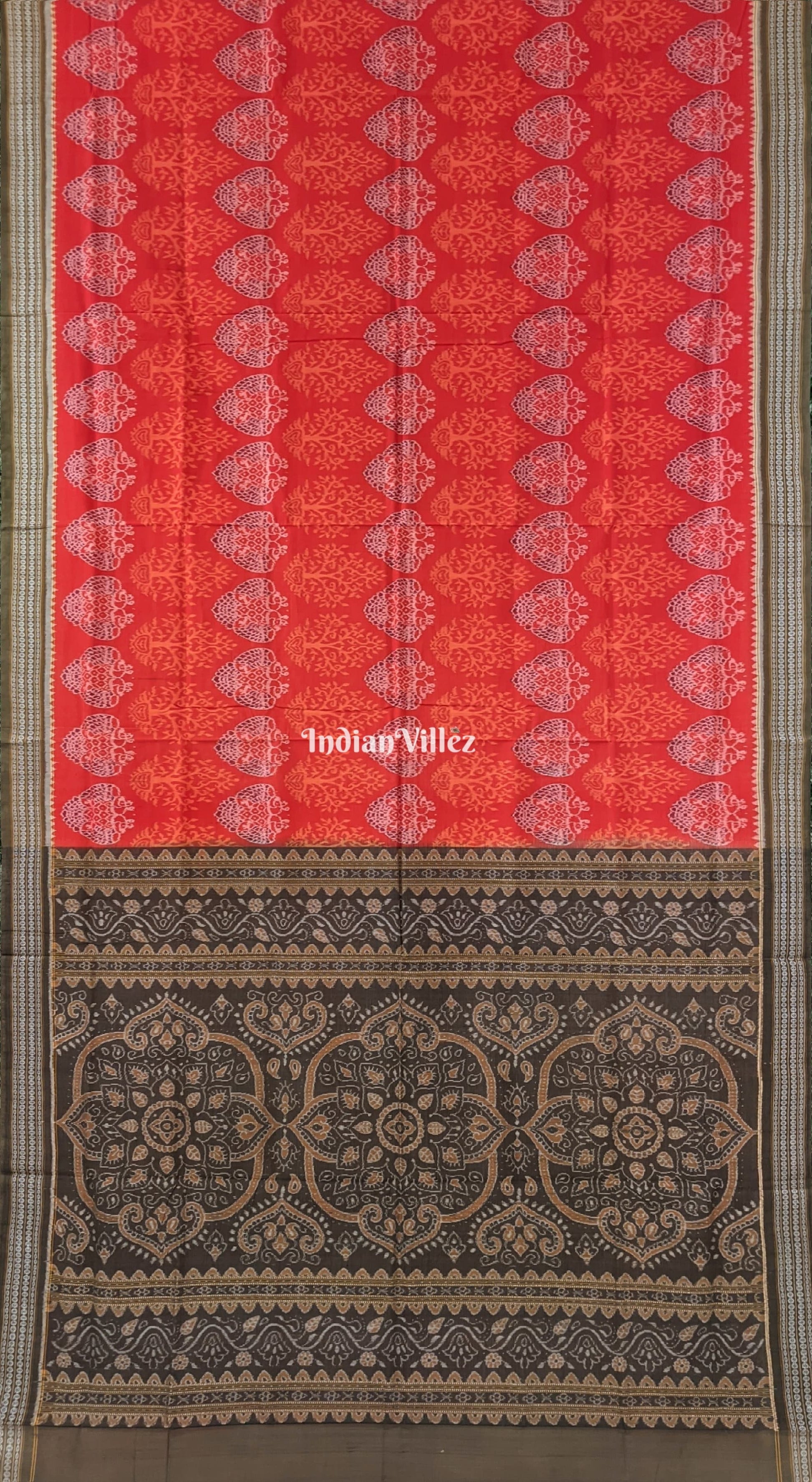 Orange Tree Theme Pure Sambalpuri Ikat Cotton Saree