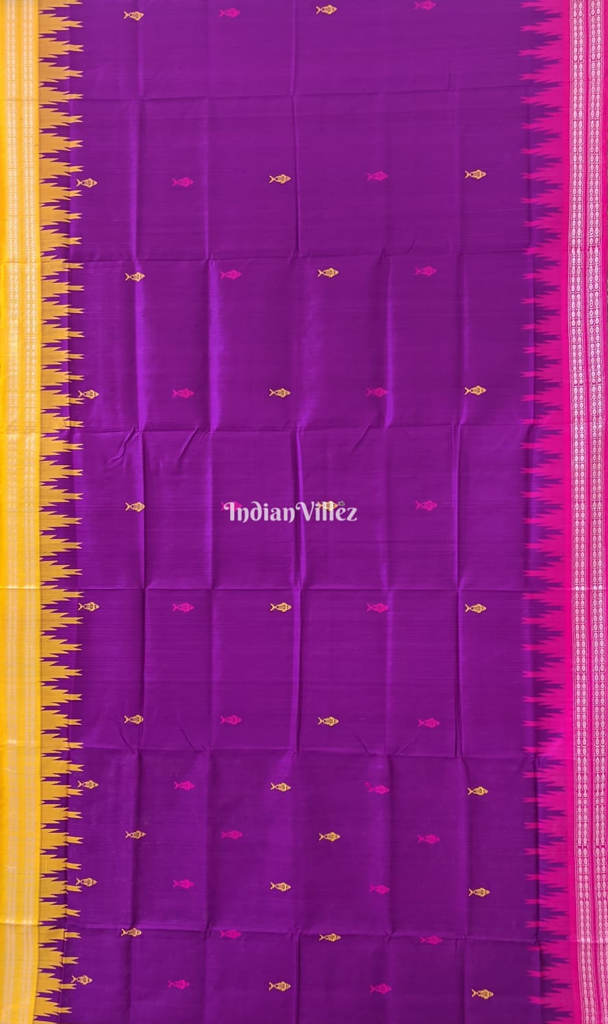 Purple Yellow Pink Double Palla Berhampuri Silk Saree with Fish Motif