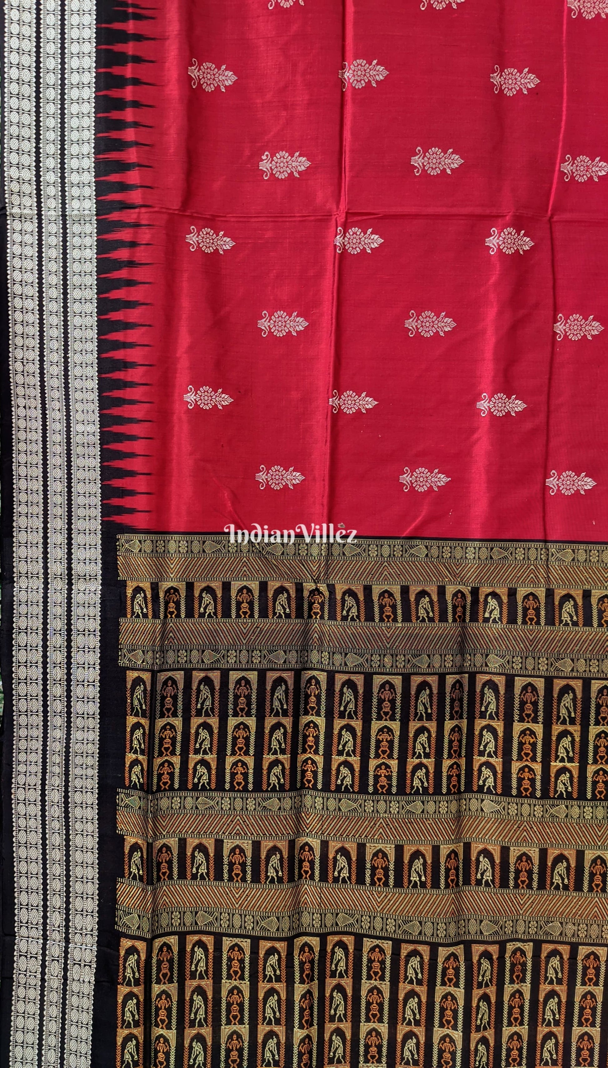 Maroon Kumbha Design Pure Sambalpuri Bomkai Silk Saree