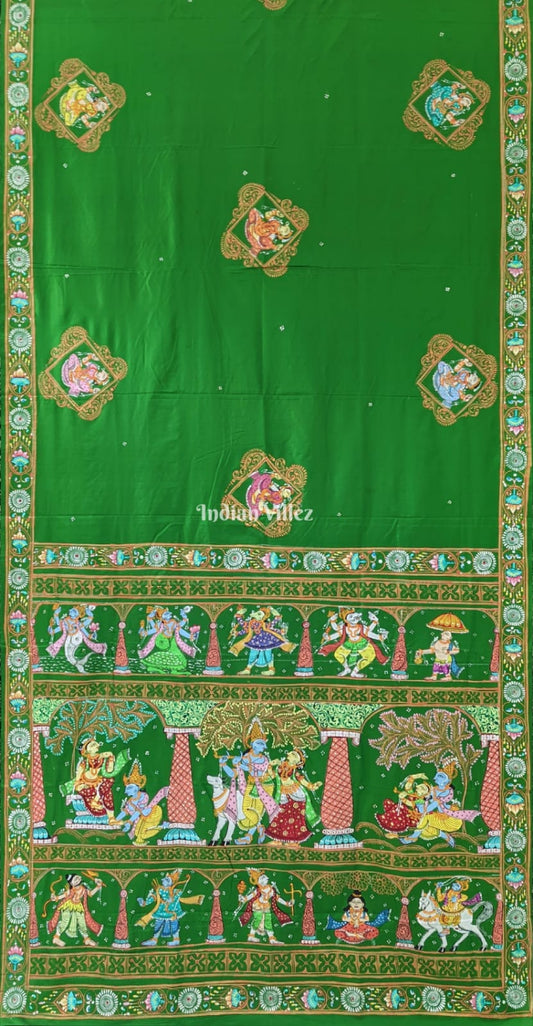 Green Radha Krishna Dashavatara Pattachitra Silk Saree