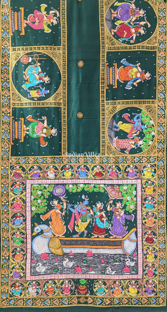 Bottle Green Boita Krishna Leela Pattachitra Silk Saree