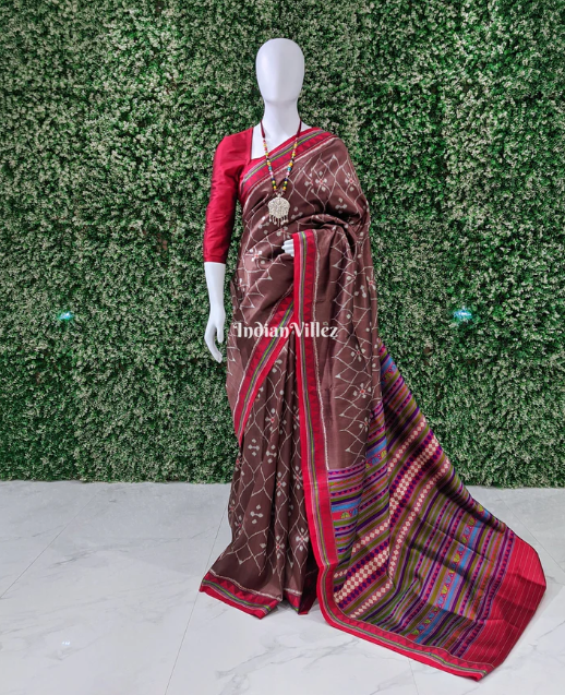 Brown Ganthiapali Theme Contemporary Silk Saree with Dongria Border and Pallu