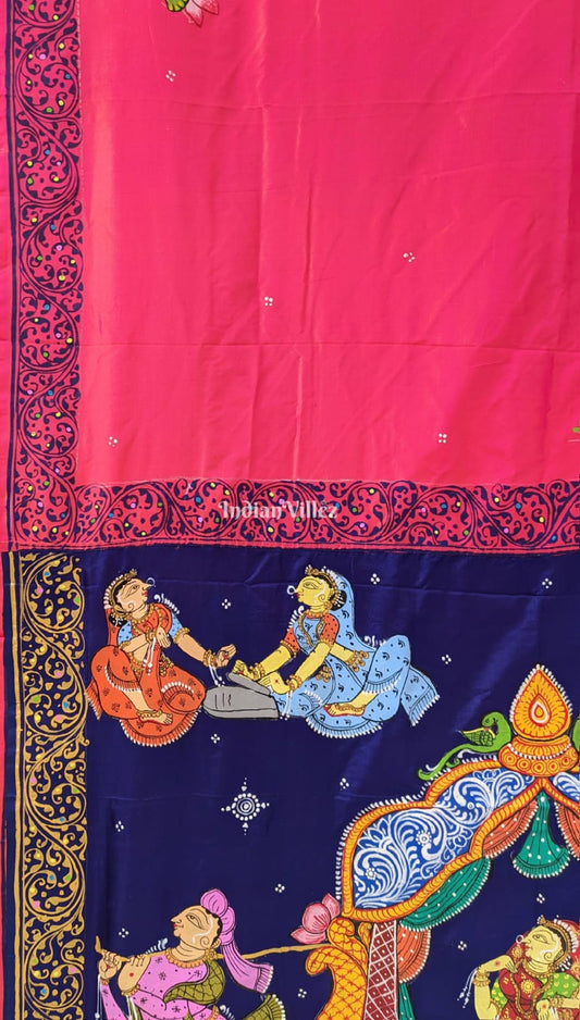 Pink Blue Doli Barat Theme Pattachitra Mulberry Silk Saree