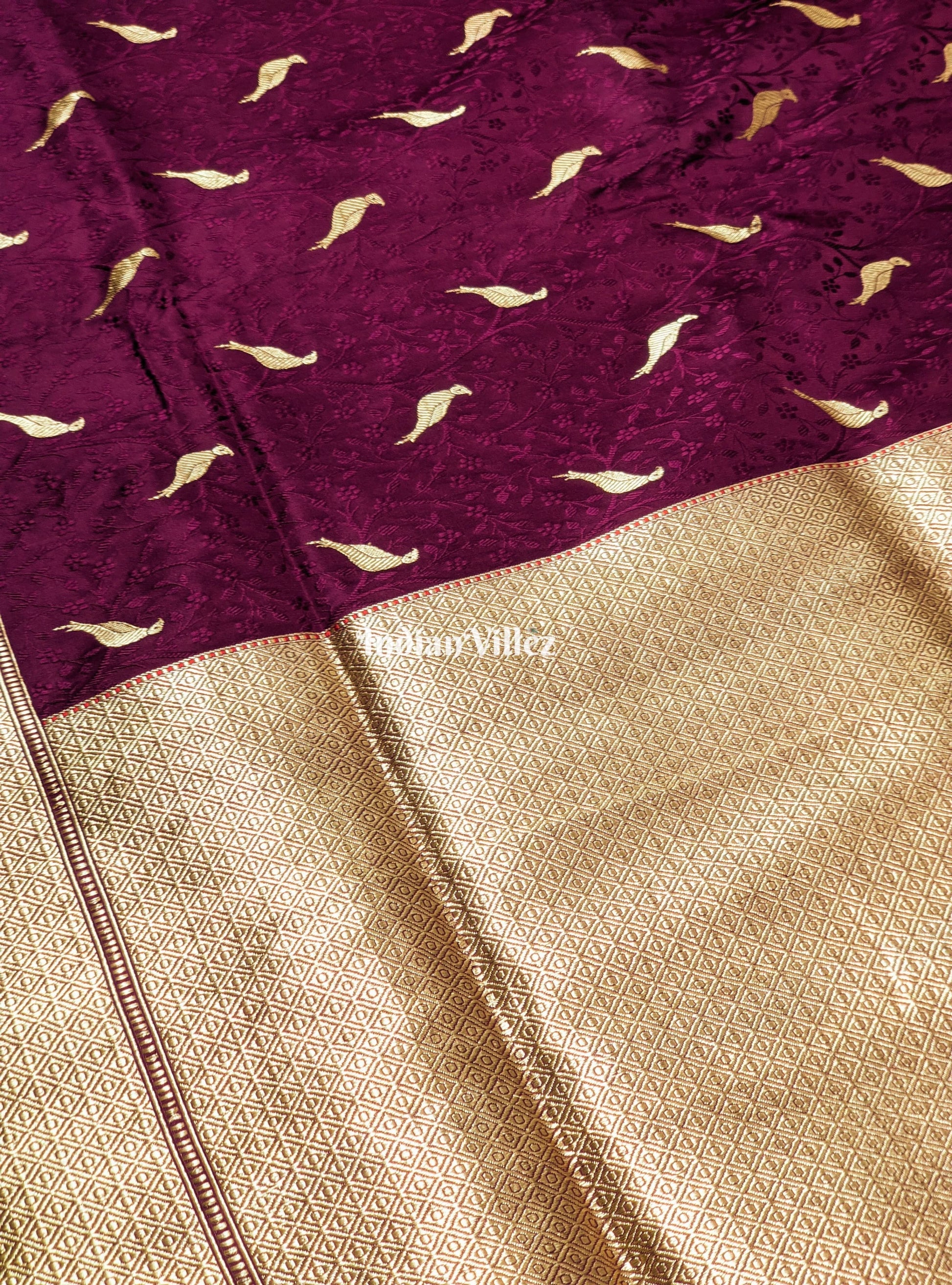 Wine Parrot Motif Pure Banarasi Katan Silk Saree