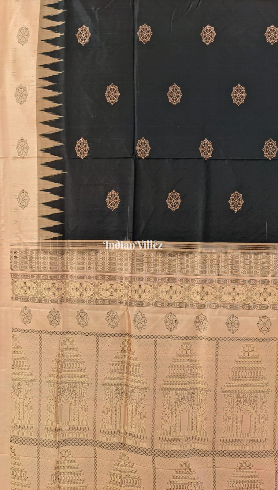 Black Peach Konark Temple Theme Sambalpuri Ikat Silk Saree