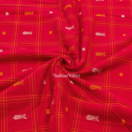 Red Fish & Flower Motif Odisha Ikat Bomkai Cotton Fabric