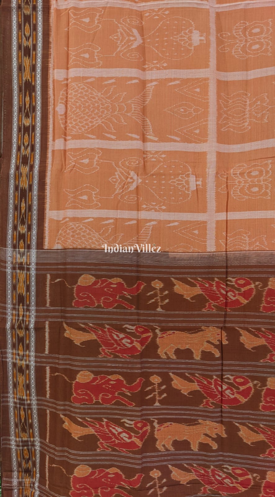 Peach Fish Body Design Sambalpuri Pure Cotton Saree