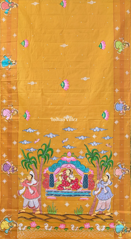 Yellow Doli Barat Theme Hand-Painted Pattachitra Saree