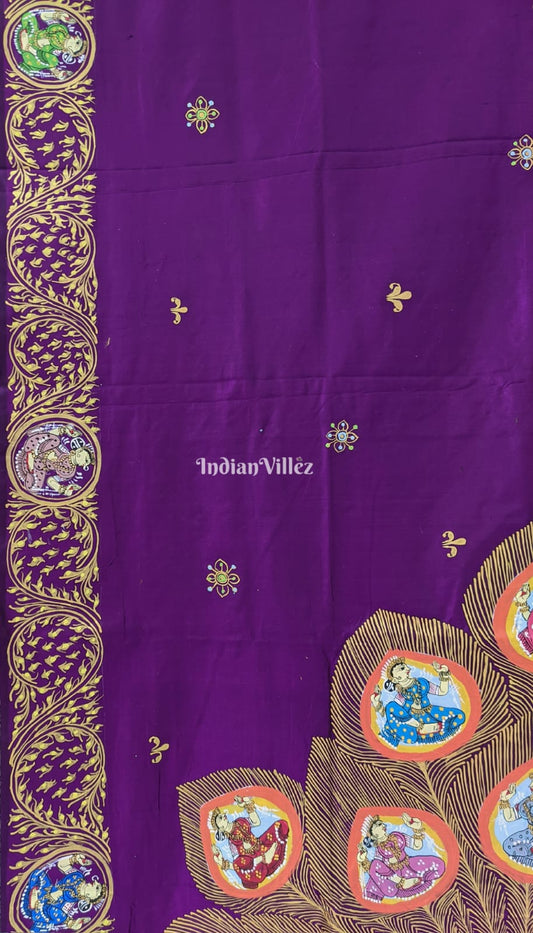 Purple PEACOCK (Mayur) & Nartaki Theme Pattachitra Silk Saree