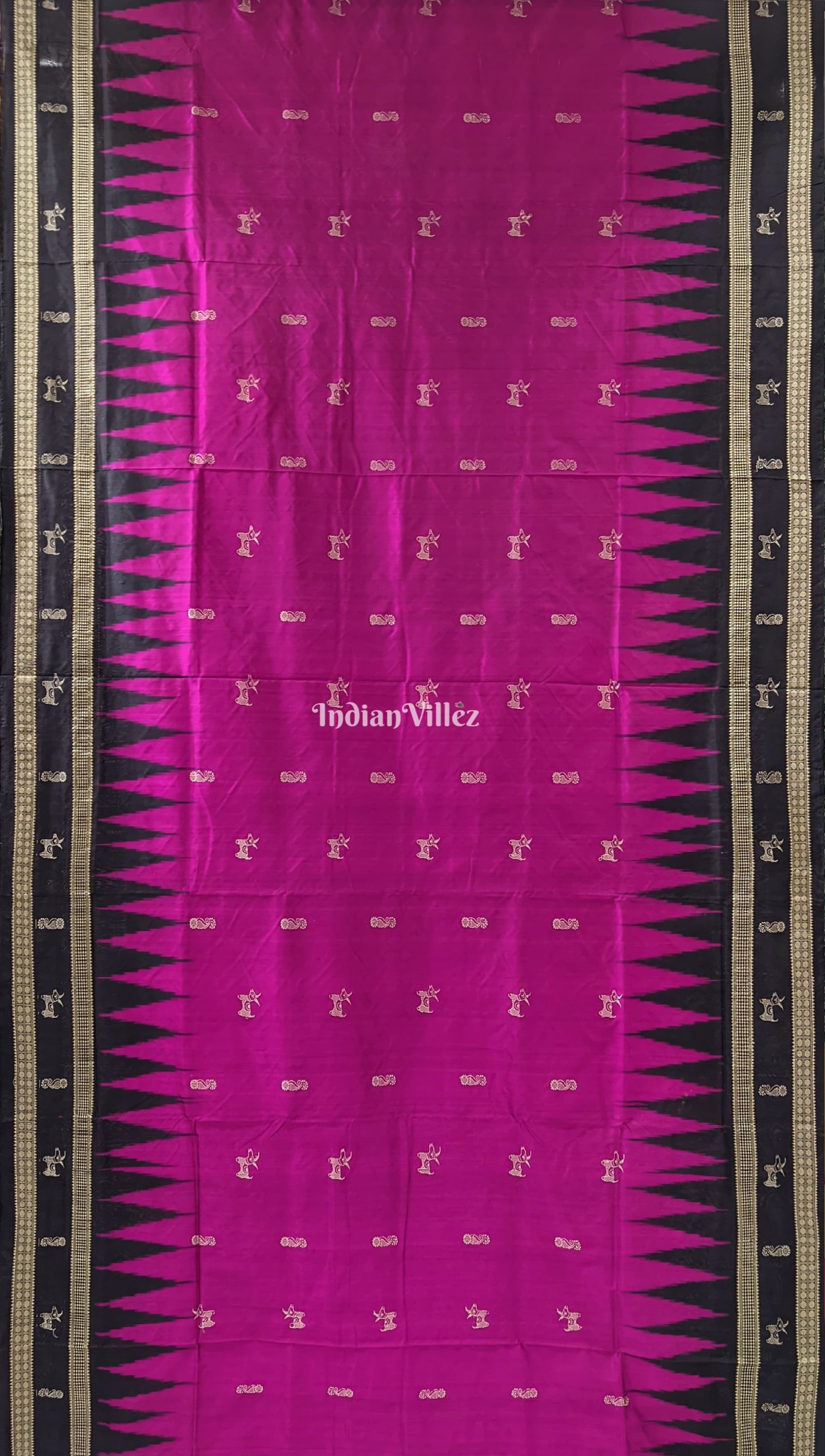 Magenta Horse Motif Sambalpuri Bomkai Silk Saree with Tribal Anchal