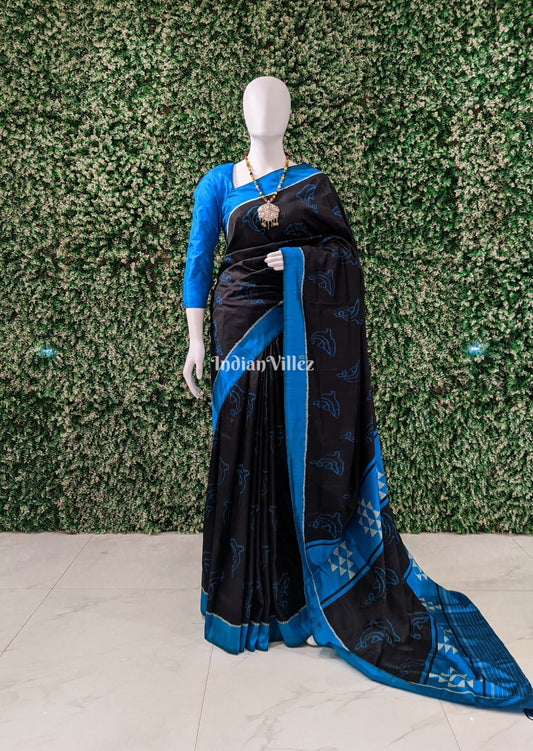 Black Copper Sulfate Dolphin Design Designer Contemporary Silk Saree