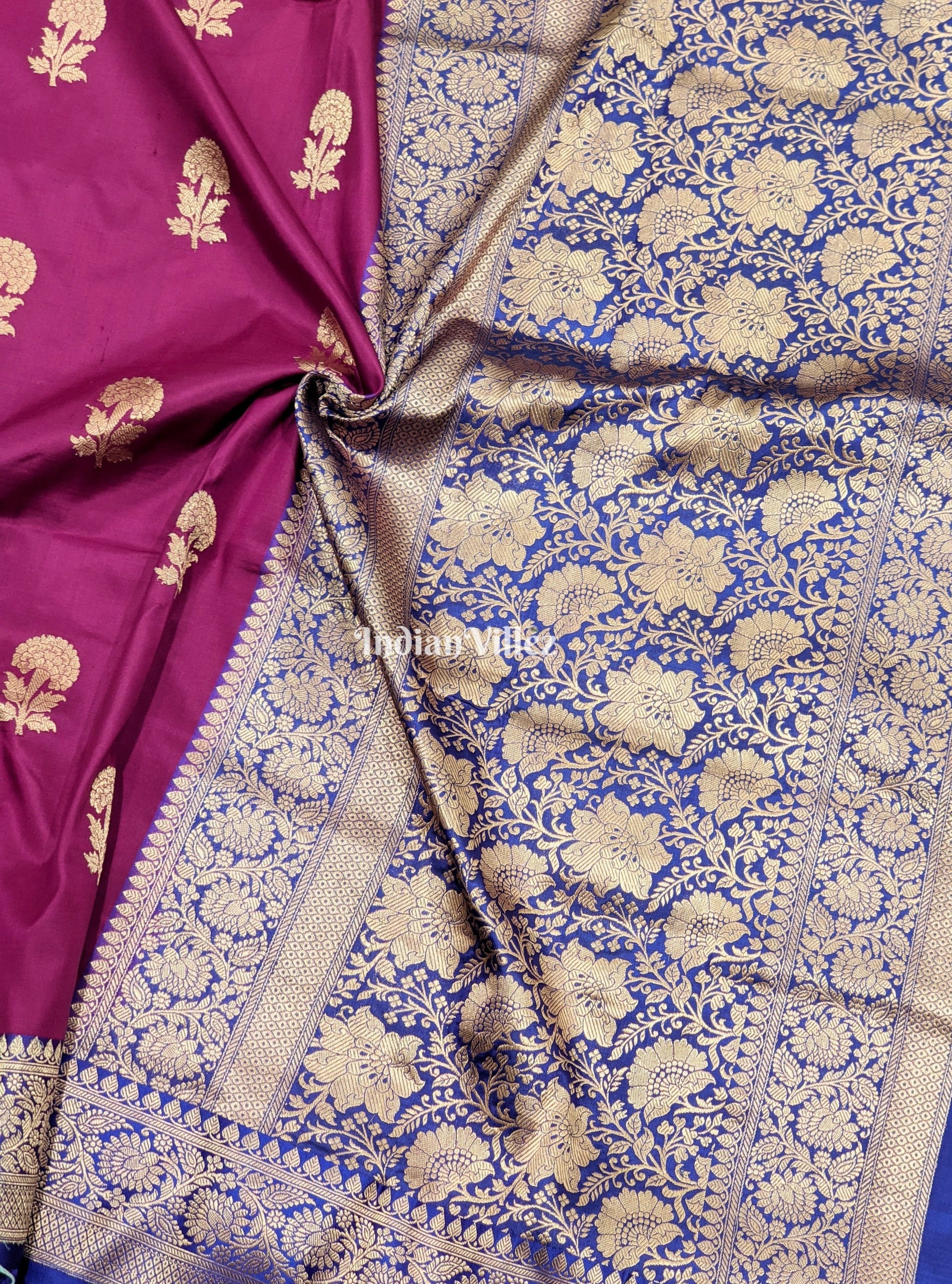 Maroon Blue with Flower Motif Banarasi Katan Silk Saree