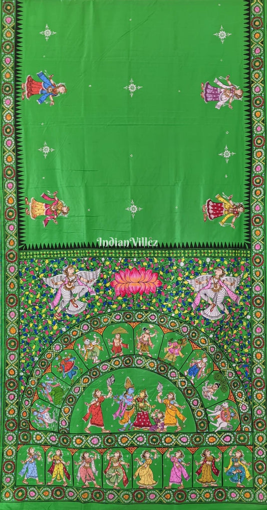 Parrot Green Dashavatara with Krishna Rasa Leela Theme Pattachitra Silk Saree