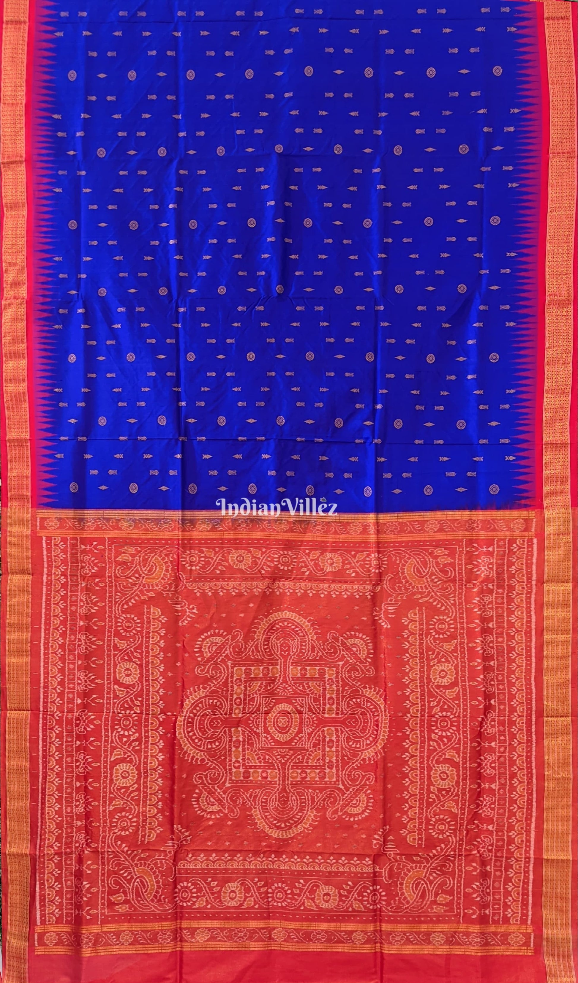 Blue Red Fish Motif Sambalpuri Silk Saree with Tissue Anchal