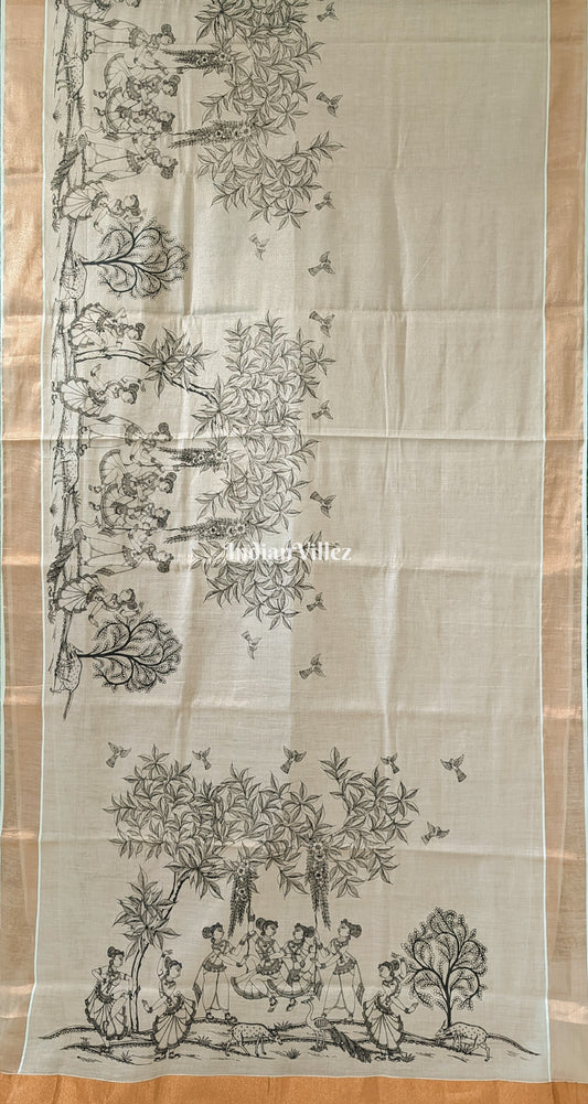 Golden One Line Pattachitra Art on Kerala Tissue Saree