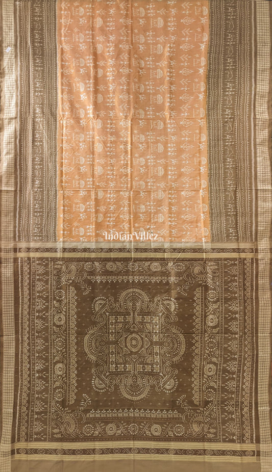 Peach Yellow Tribal Body Theme Sambalpuri Silk Saree