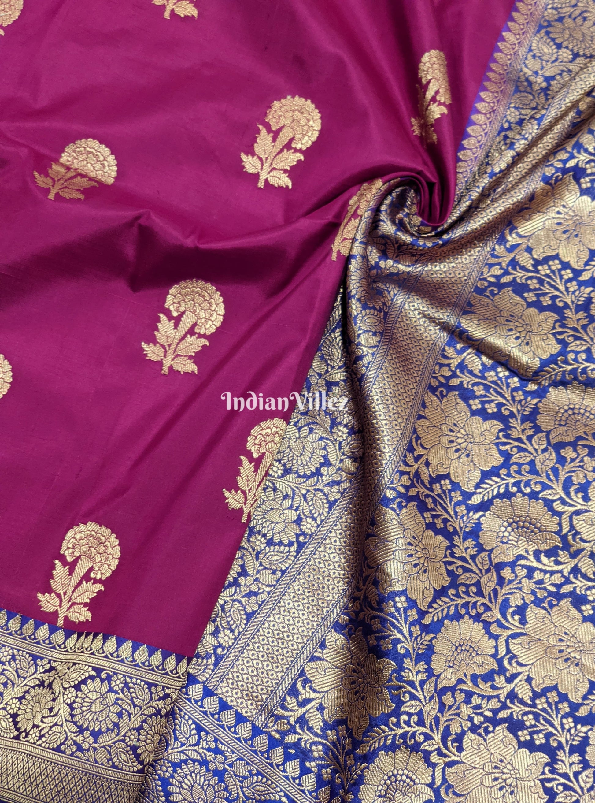 Purple Flower Motif Banarasi Katan Silk Saree