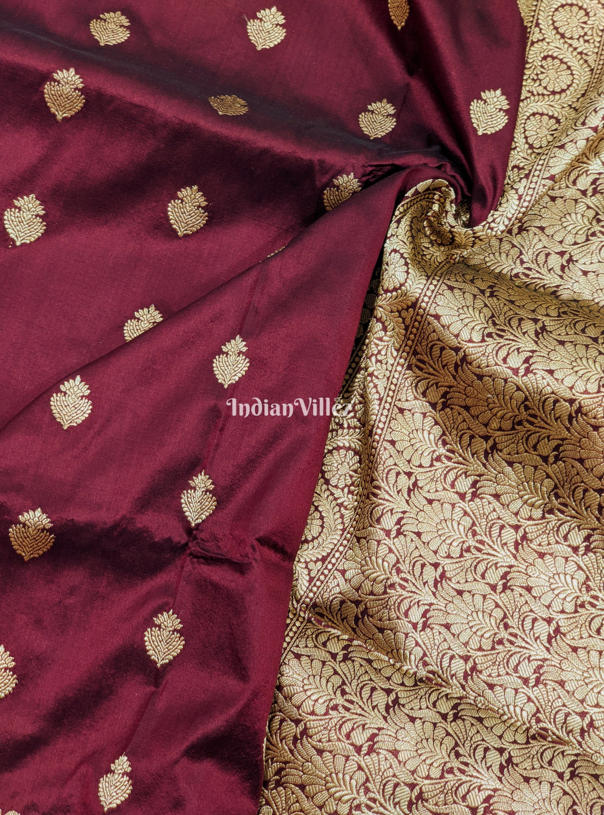 Wine Floral Motif Designer Banarasi Silk Saree