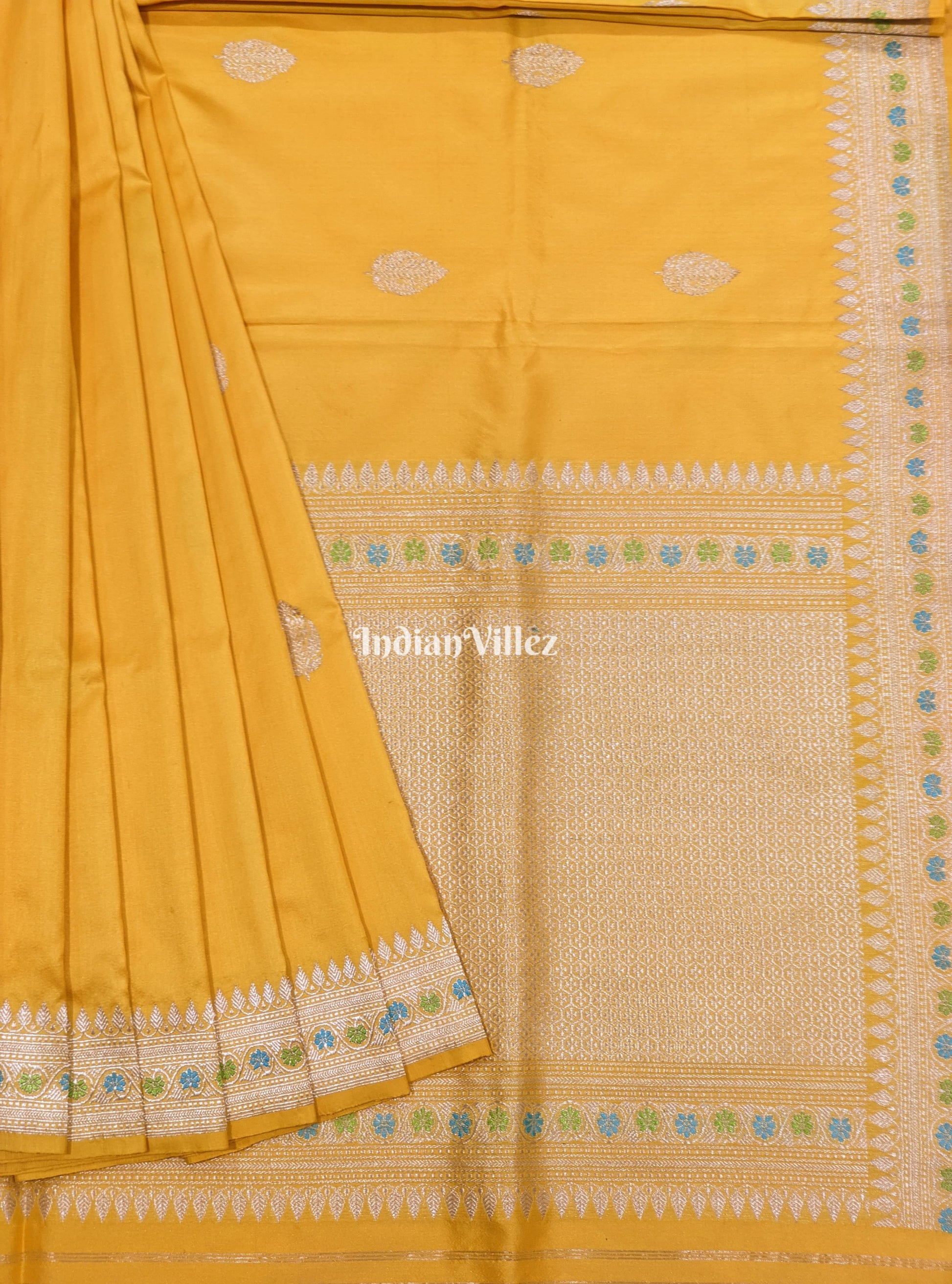 Yellow Leaf Motif Designer Katan Silk Banarasi Saree