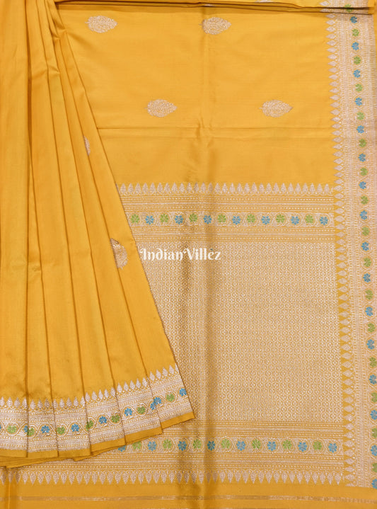 Yellow Leaf Motif Designer Katan Silk Banarasi Saree