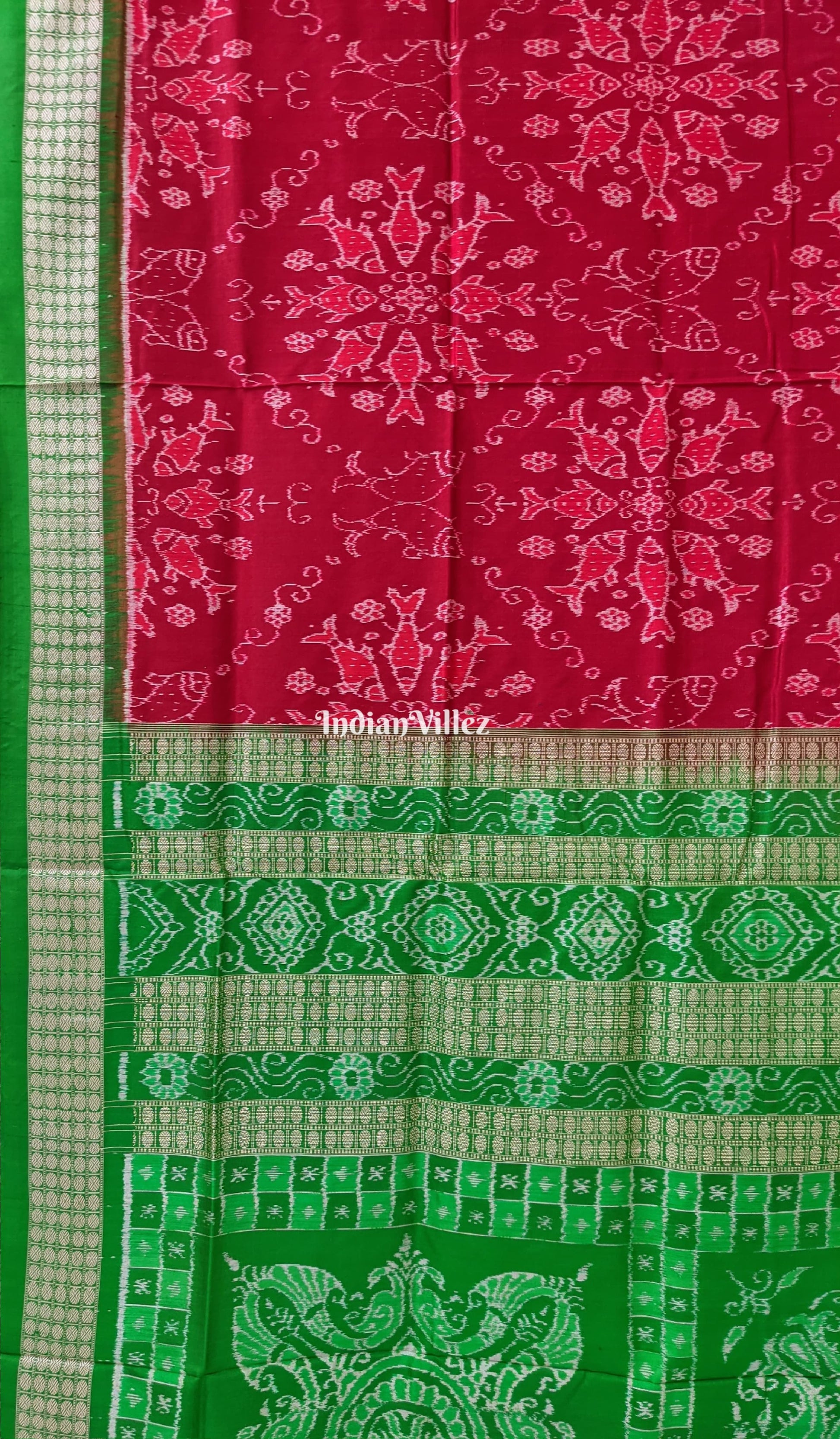 Maroon Green Fish Motif Sambalpuri Bomkai Silk Saree