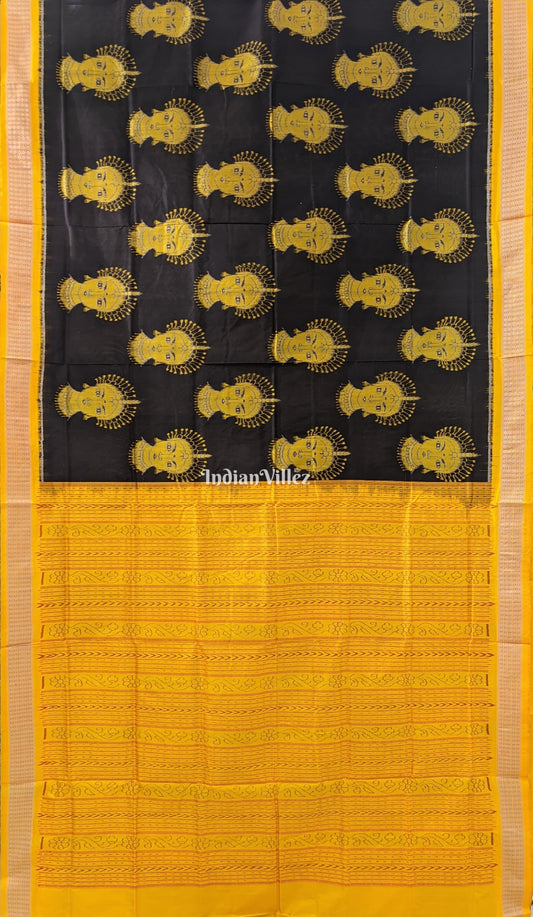 Black Yellow Nartaki Face Head Sambalpuri Ikat Silk Saree