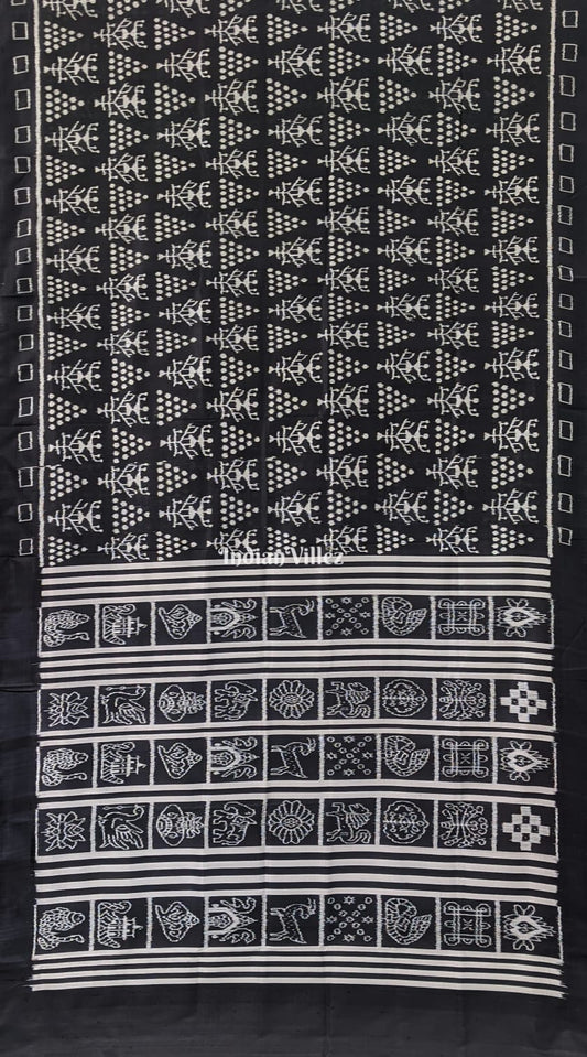 Black White Tribal Jhoti Contemporary Silk Saree with Nabakothi Anchal