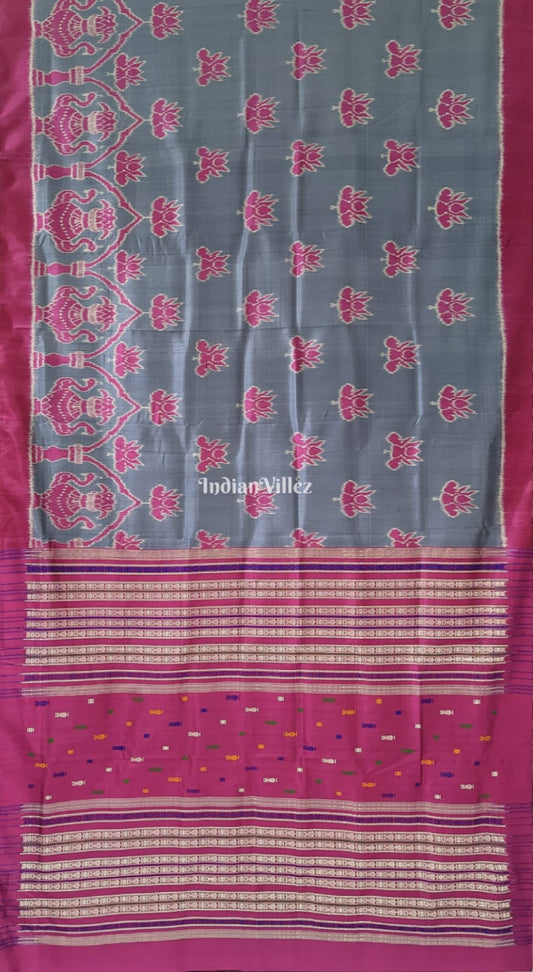 Grey With Pink Lotus Odisha Handloom Contemporary Sambalpuri Silk Saree