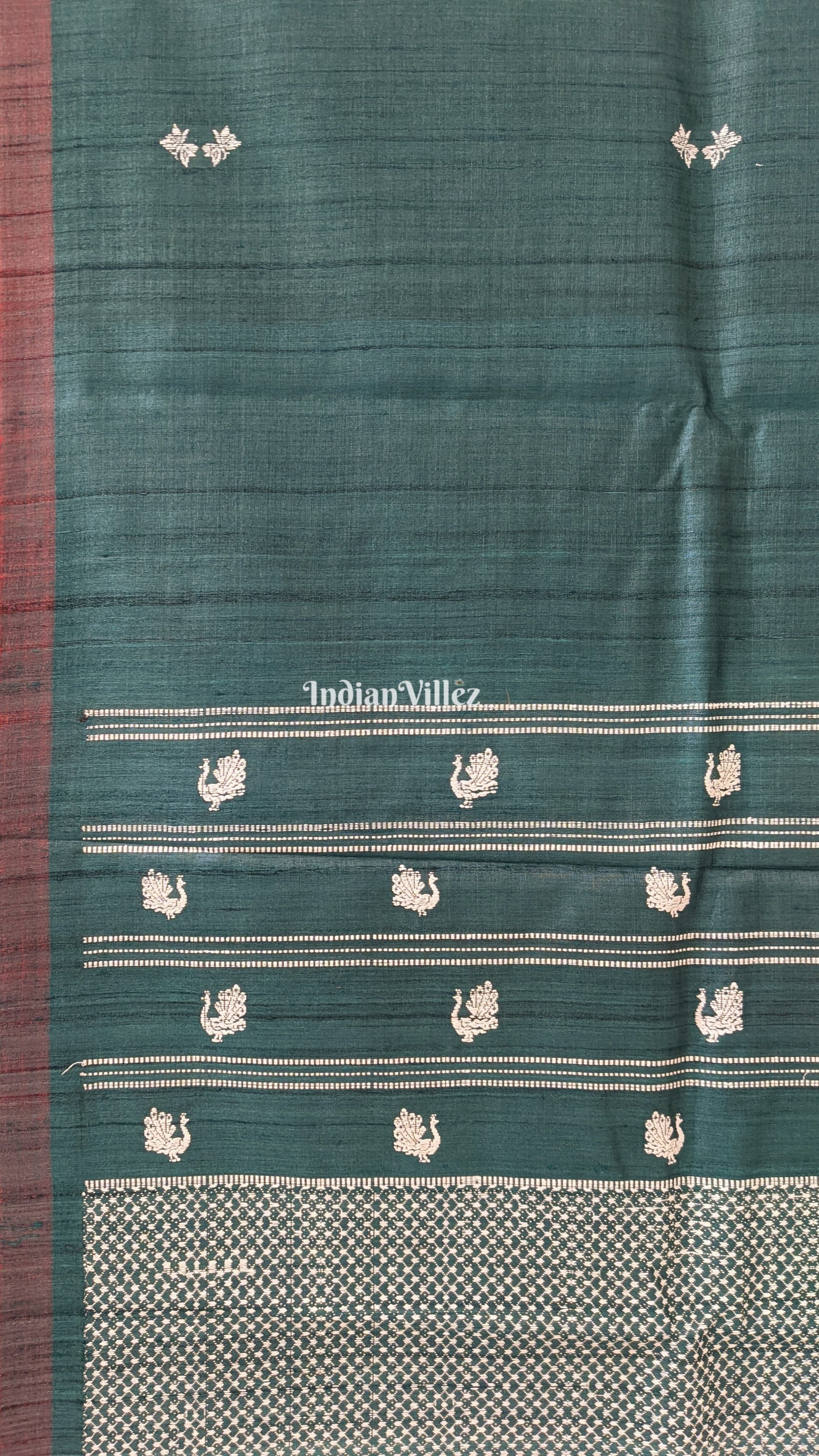 Forest Green Peacock & Floral Motif Gopalpur Tussar Silk Saree