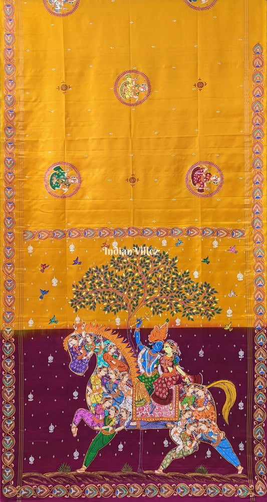 Yellow Kandarpa Ashwa (Horse) Pattachitra Silk Saree