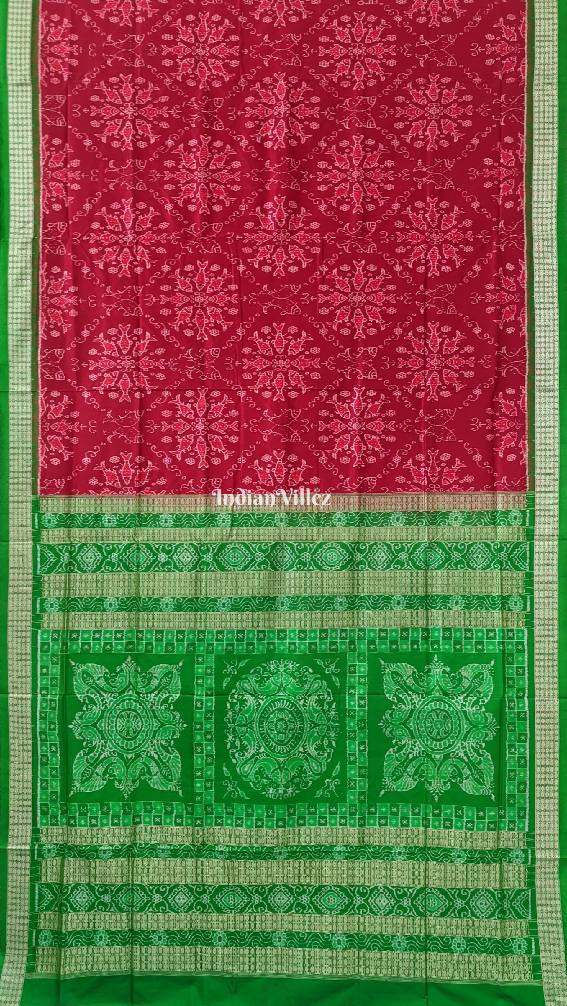 Maroon Green Fish Motif Sambalpuri Silk Saree