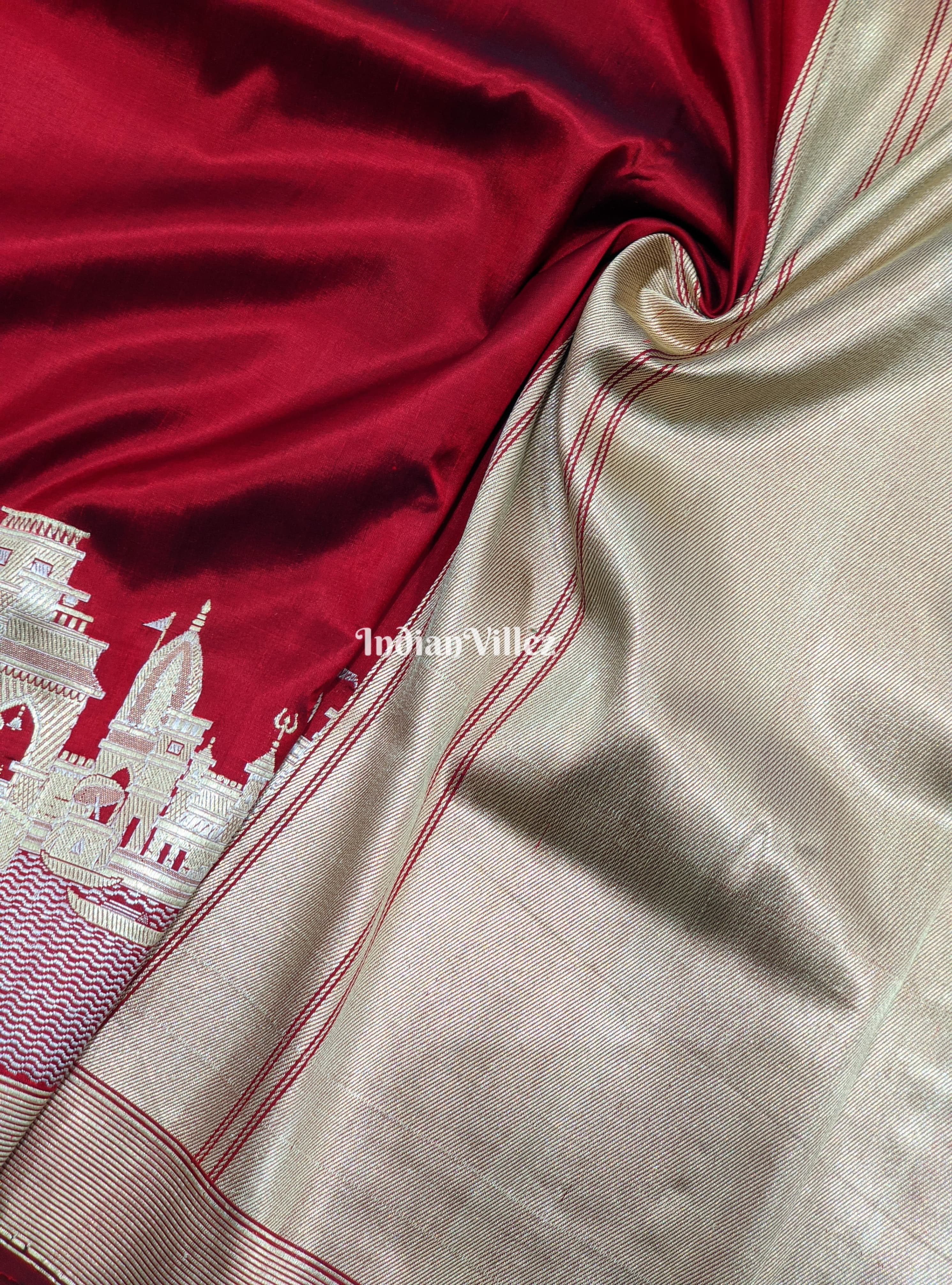 Maroon Handwoven Banarasi Katan Silk Saree with Kashi Ghat Weaves