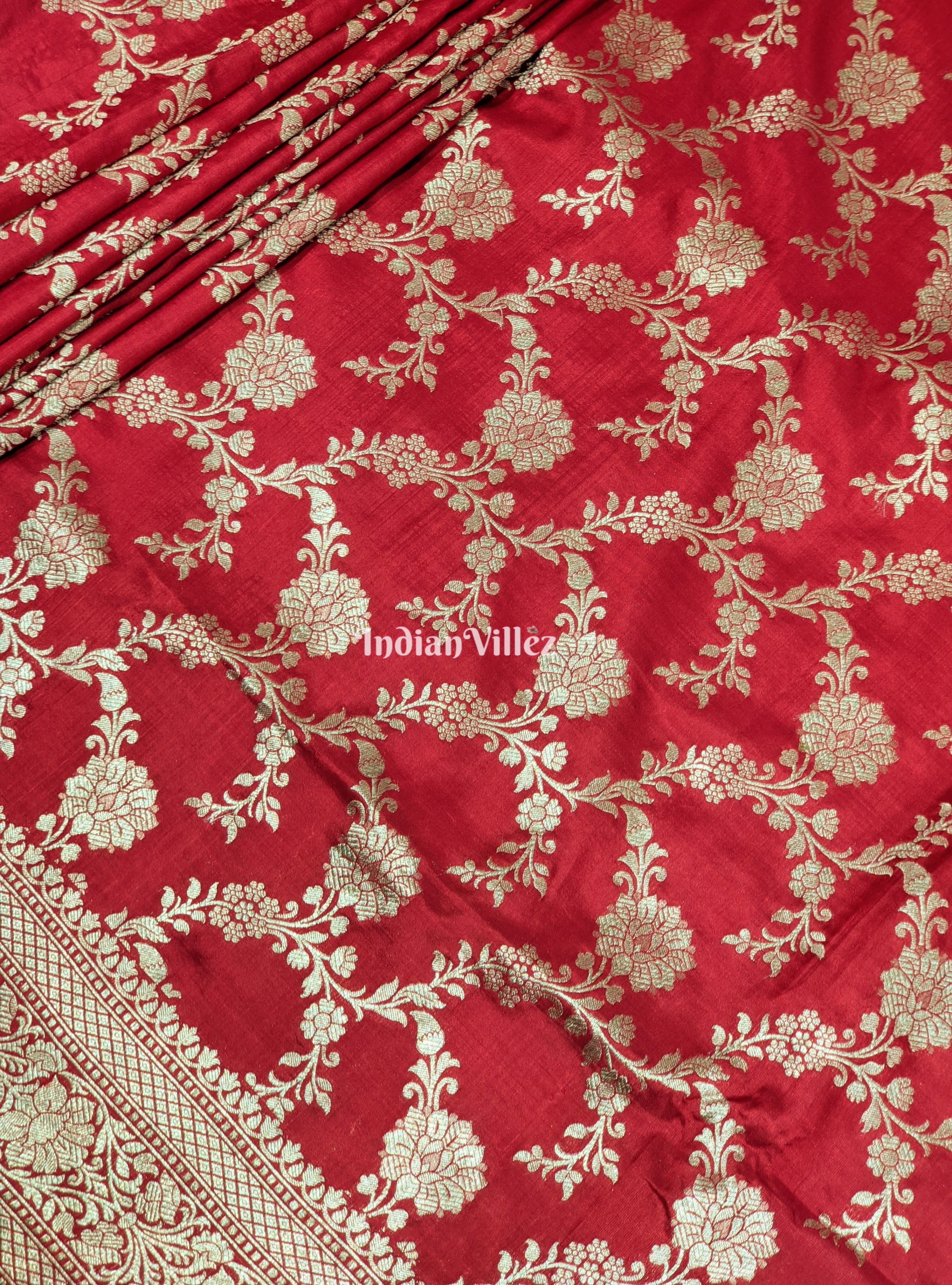 Red Floral Theme Banarasi Katan Saree