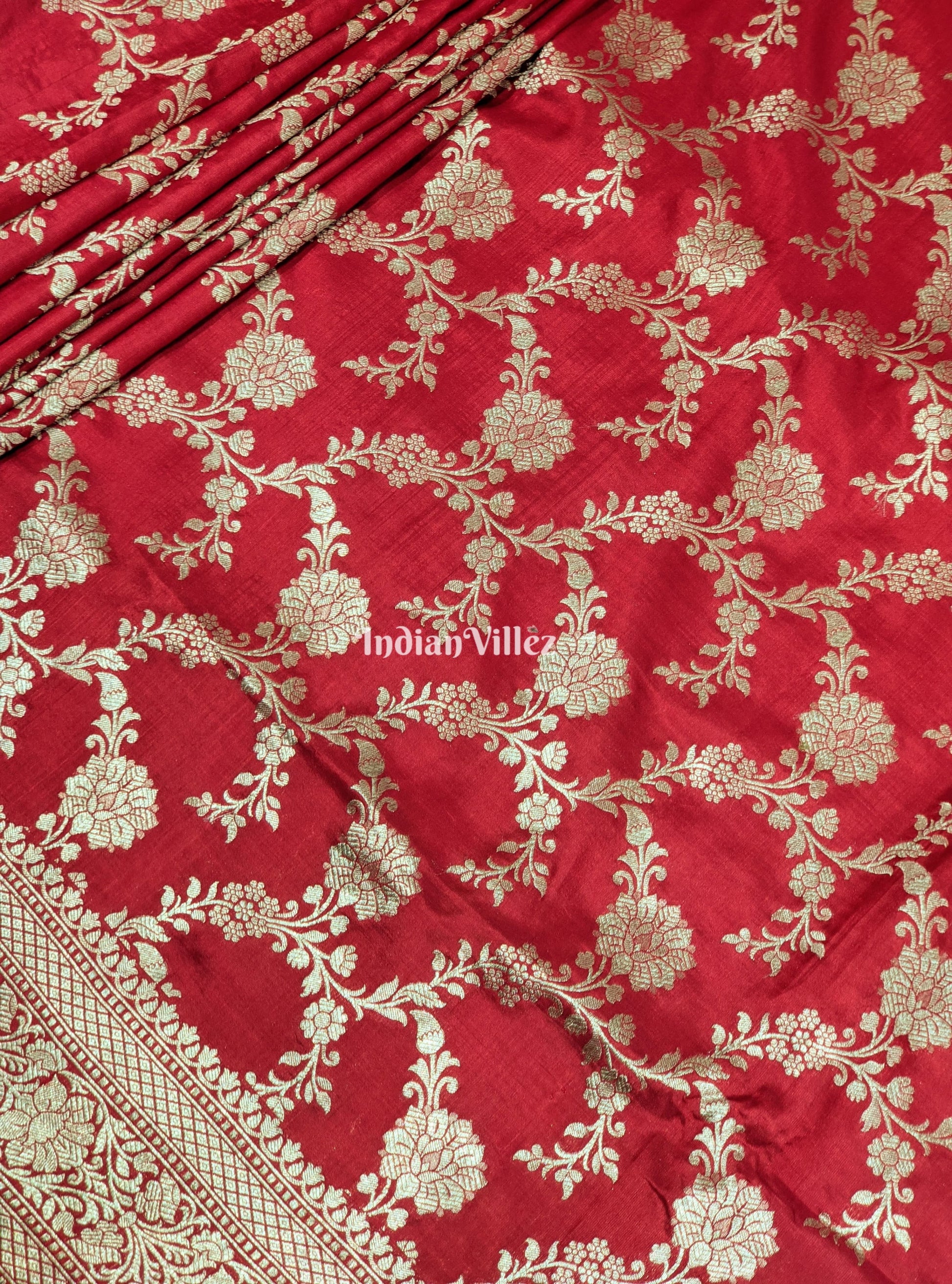 Red Floral Theme Banarasi Katan Saree