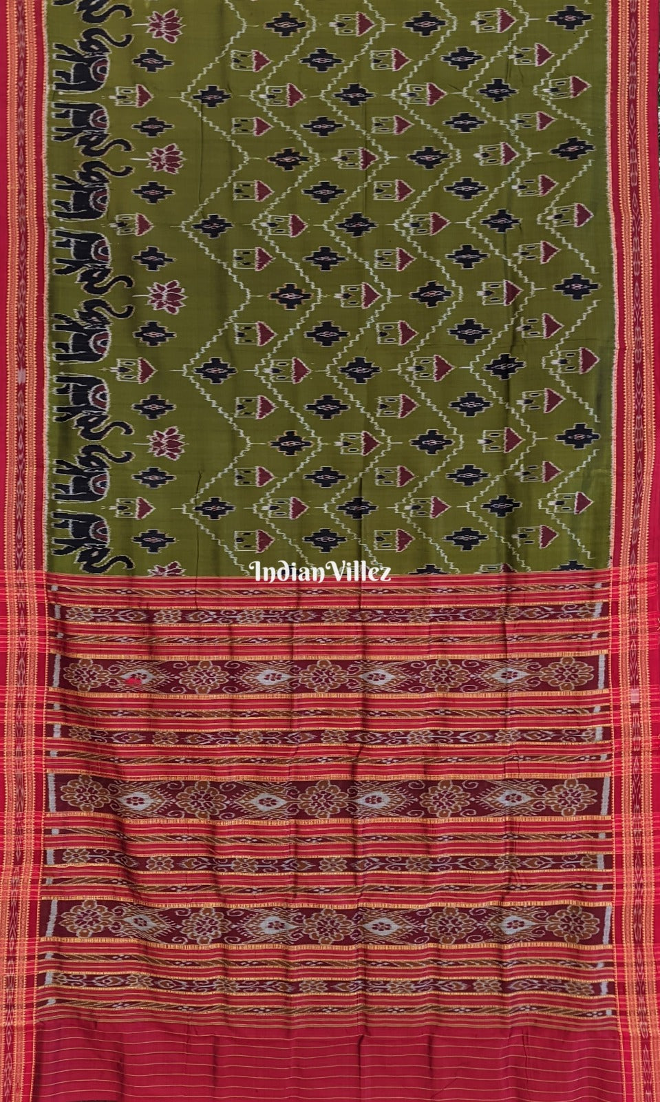 Jungle Green Tribal Elephant Odisha Ikat Khandua Silk Saree