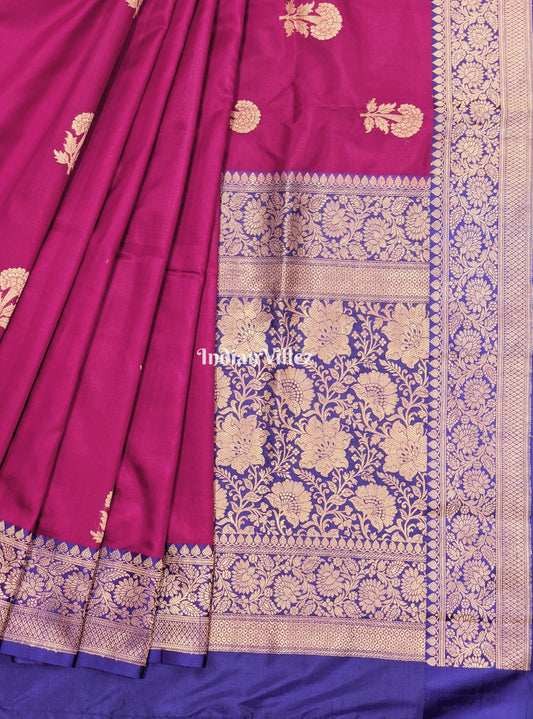 Maroon Blue with Flower Motif Banarasi Katan Silk Saree