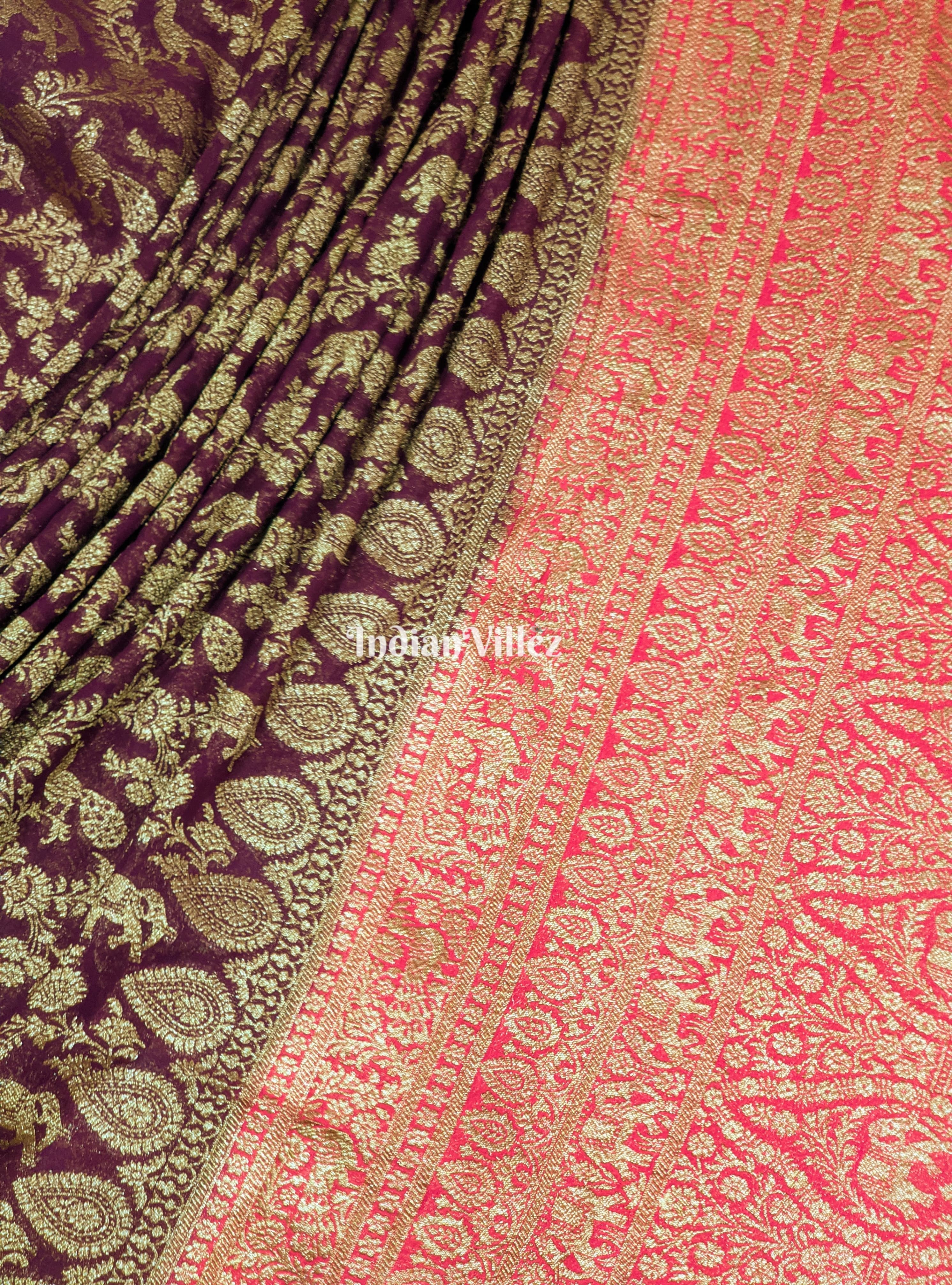 Wine Banarasi Georgette Shikargah Saree