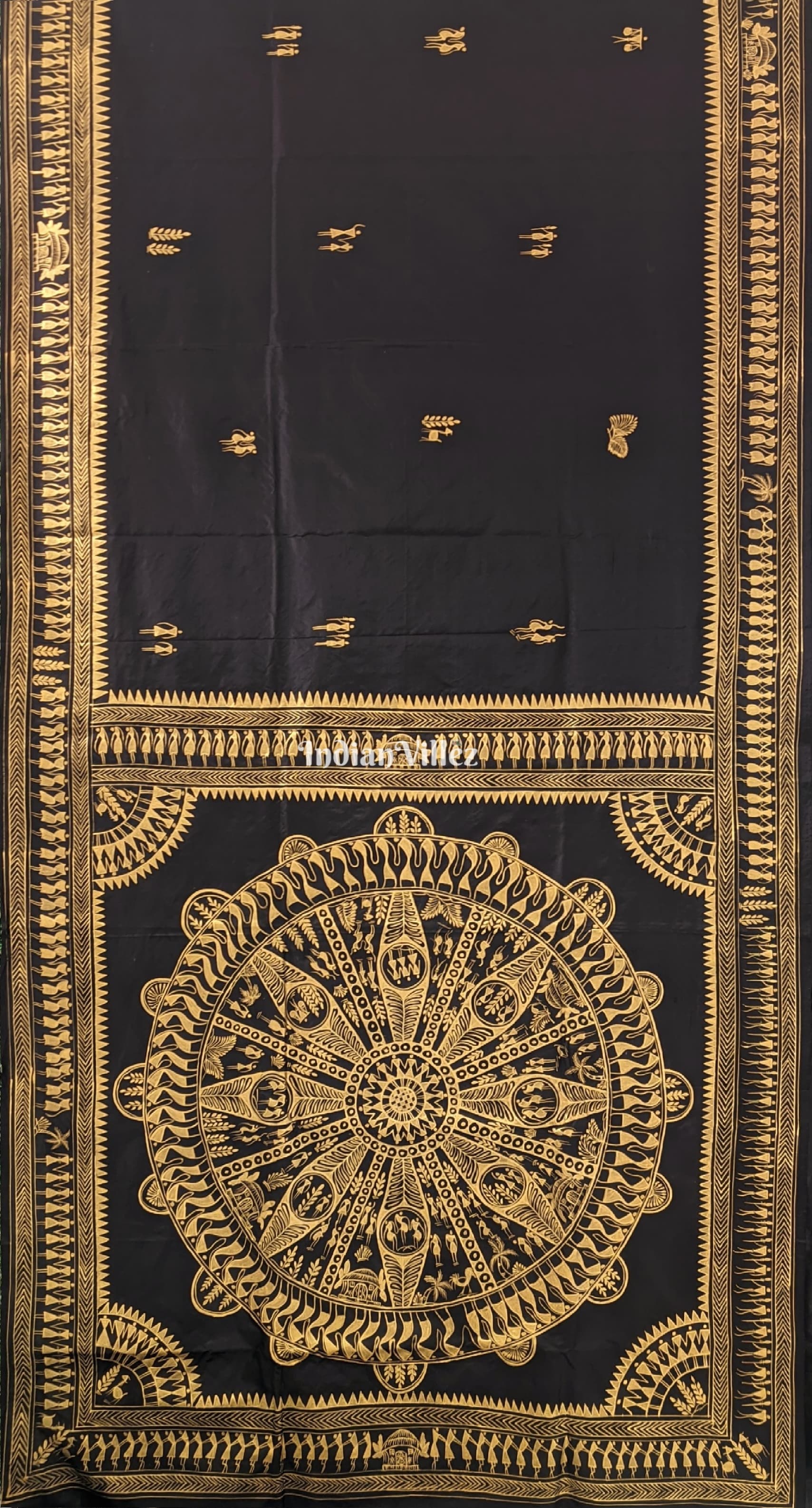 Black Tribal Konark Chakra Pattachitra Silk Saree